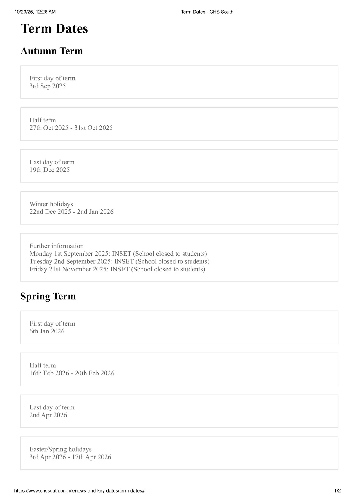 CHS South term dates