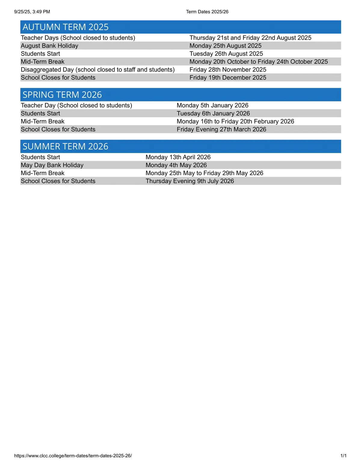 Countesthorpe Academy term dates