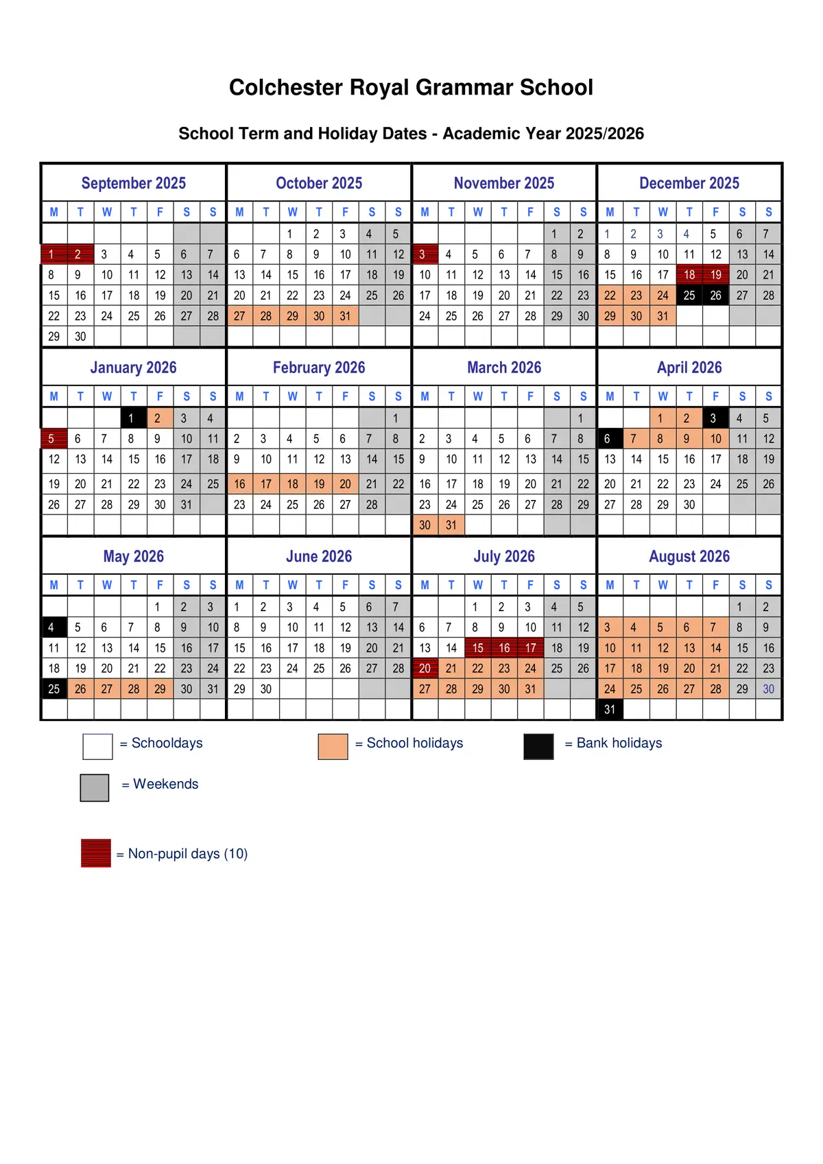 Colchester Royal Grammar School term dates