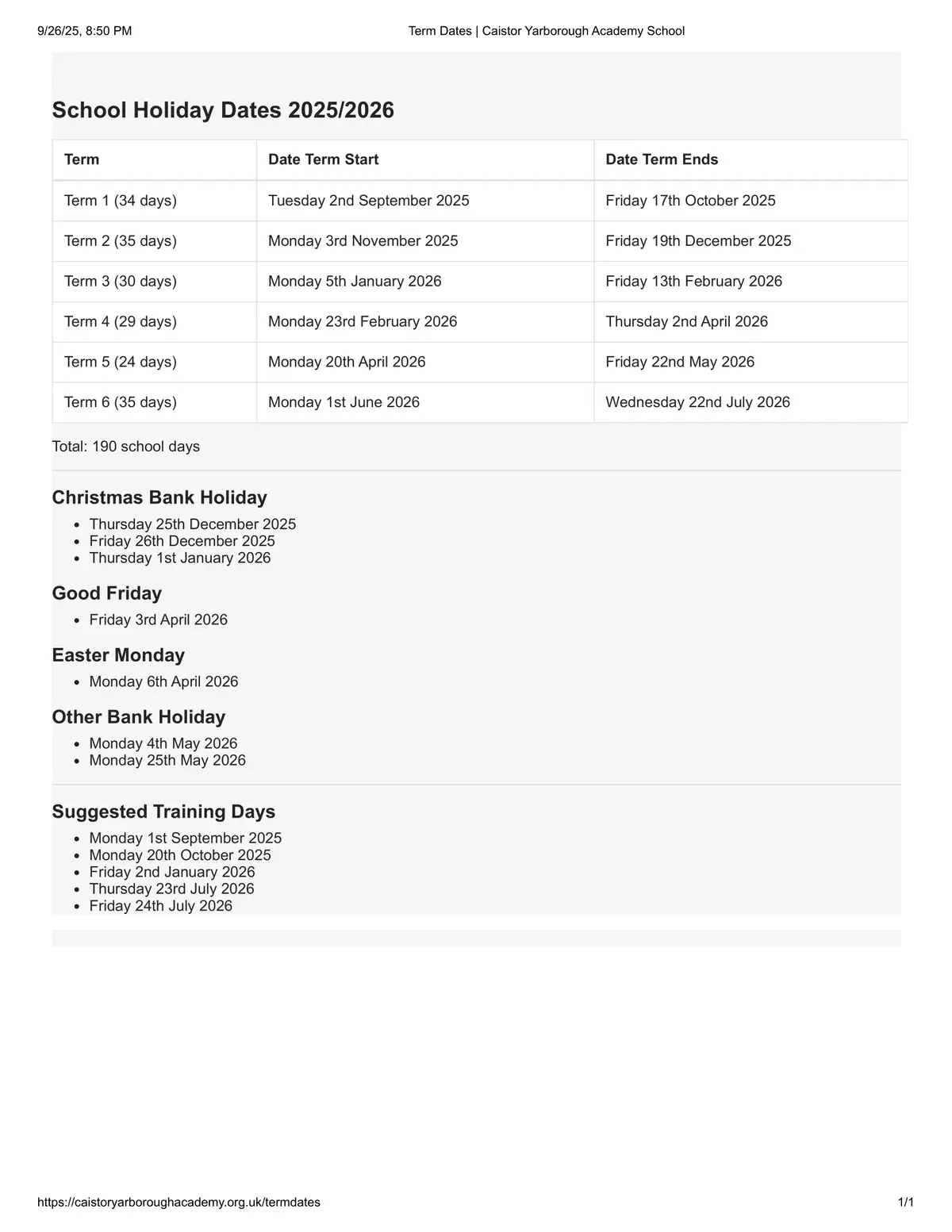 Caistor Yarborough Academy term dates