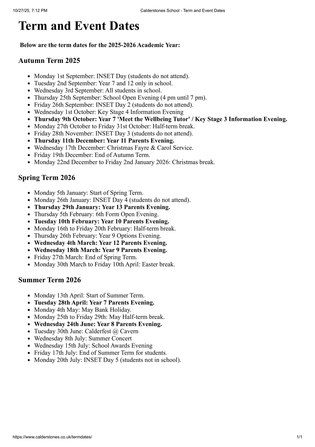 Calderstones School term dates