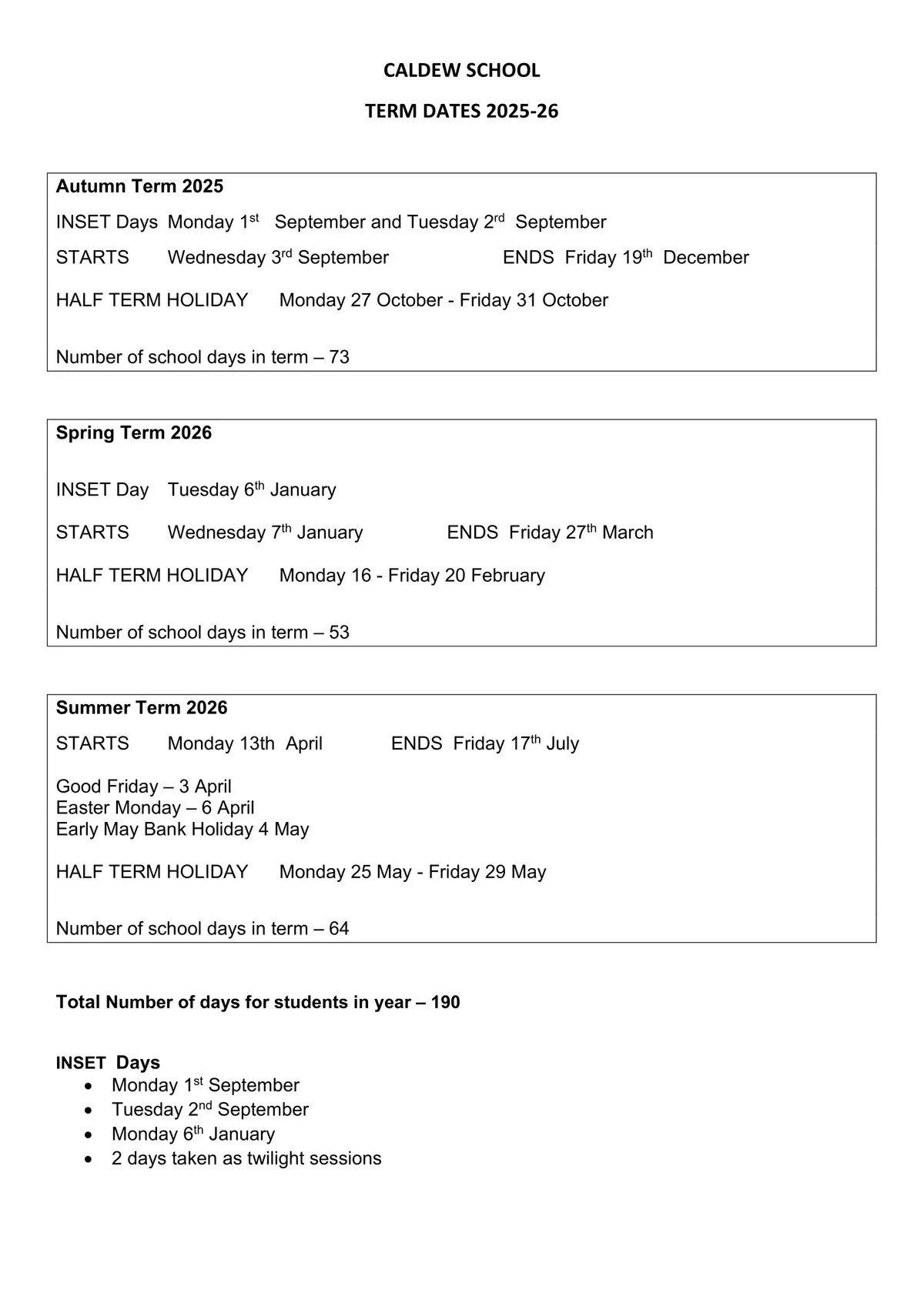 Caldew School term dates