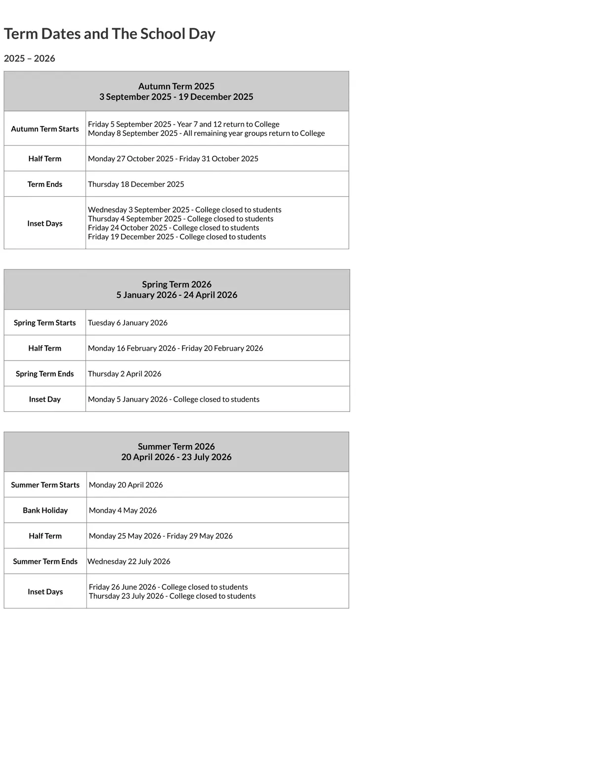 Callington Community College term dates