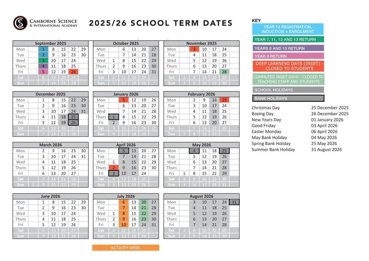 Camborne Science and International Academy term dates