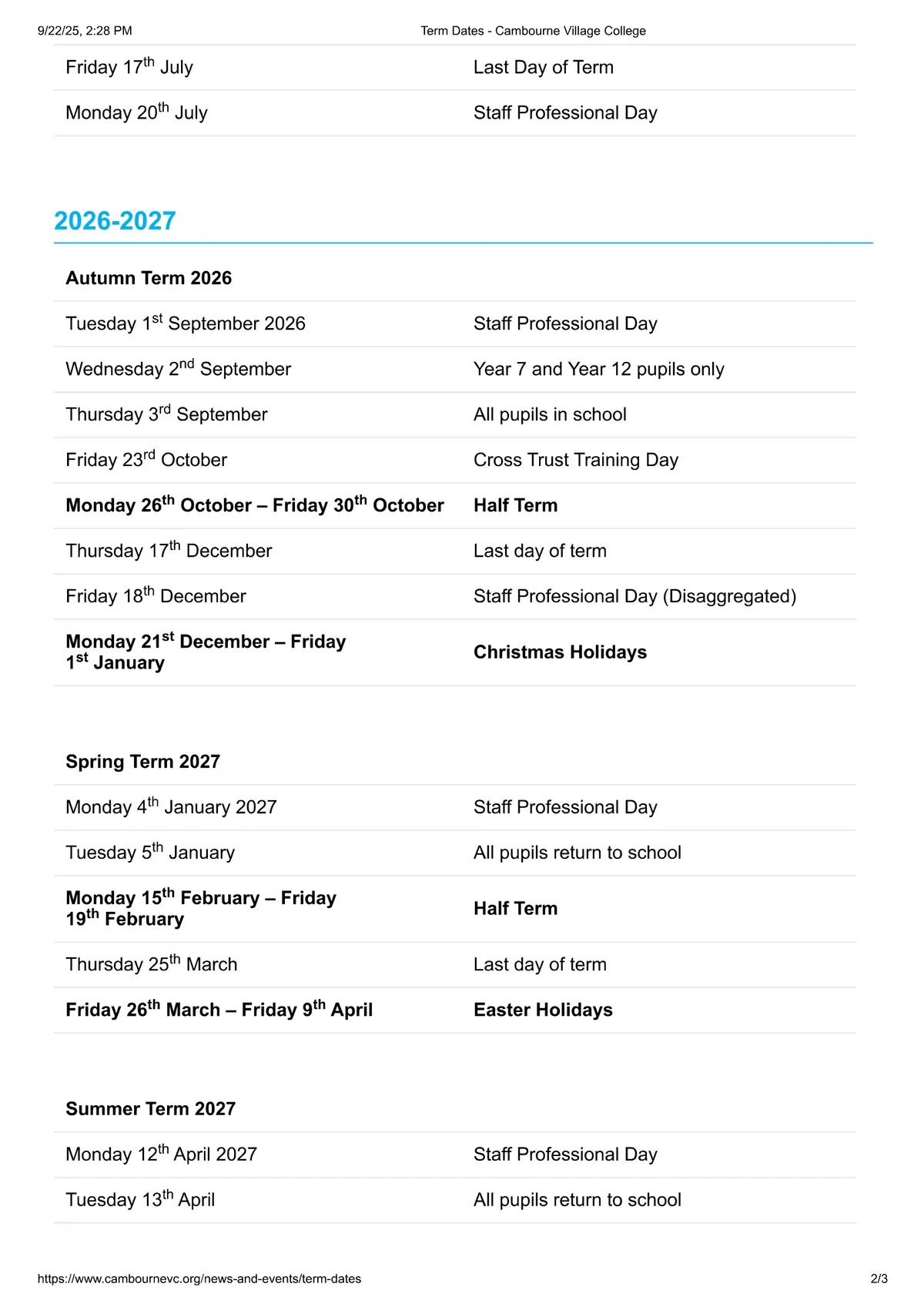 Cambourne Village College term dates