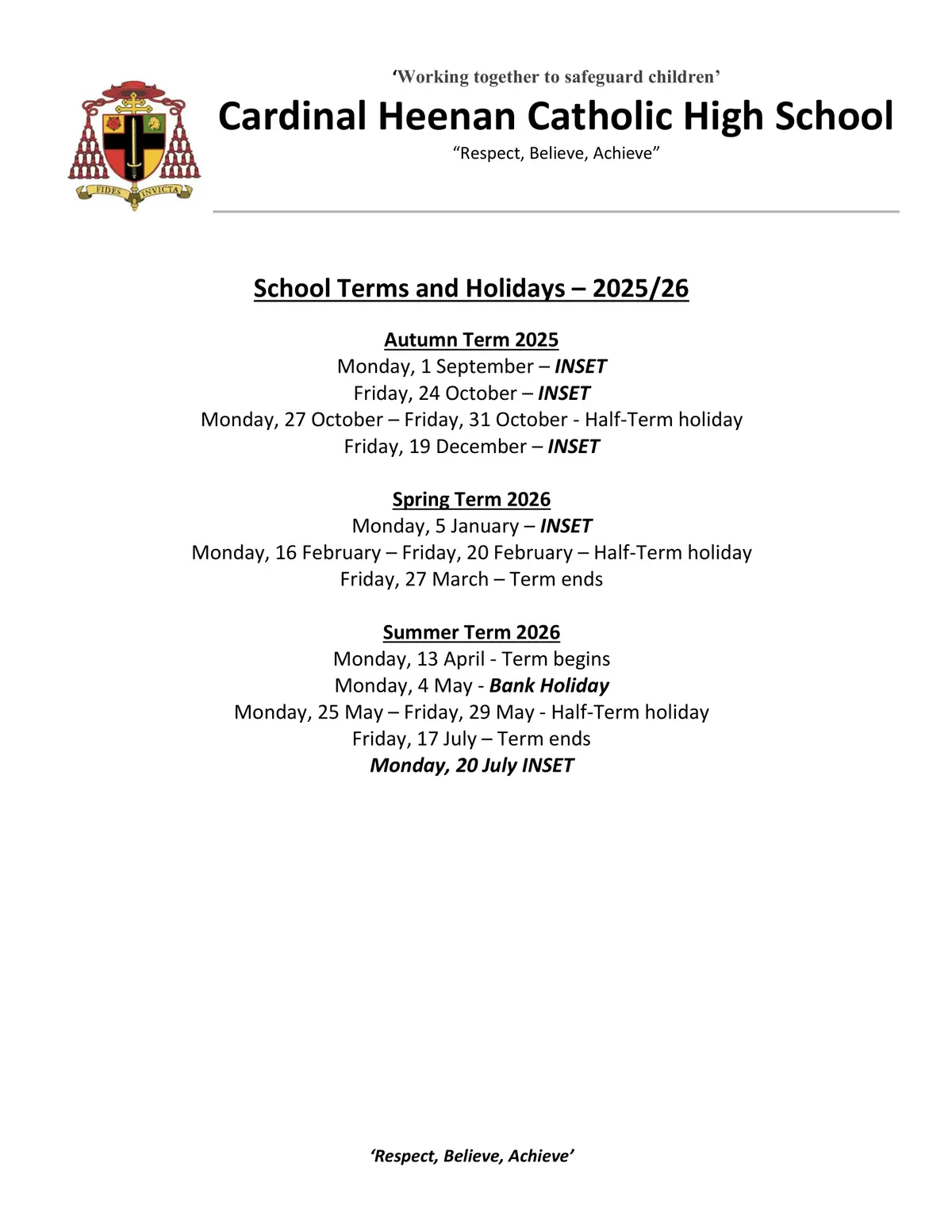 Cardinal Heenan Catholic High School term dates