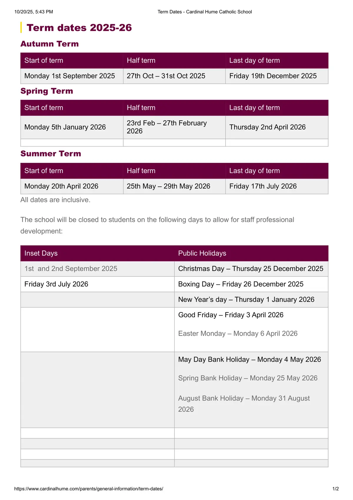 Cardinal Hume Catholic School, Gateshead term dates