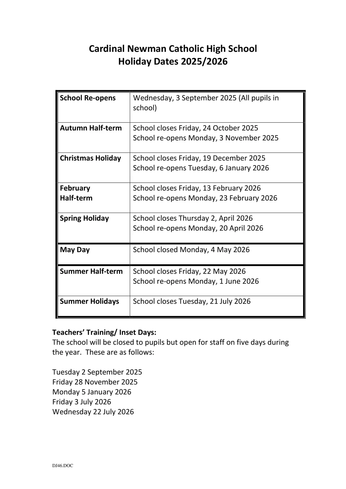 Cardinal Newman Catholic High School term dates