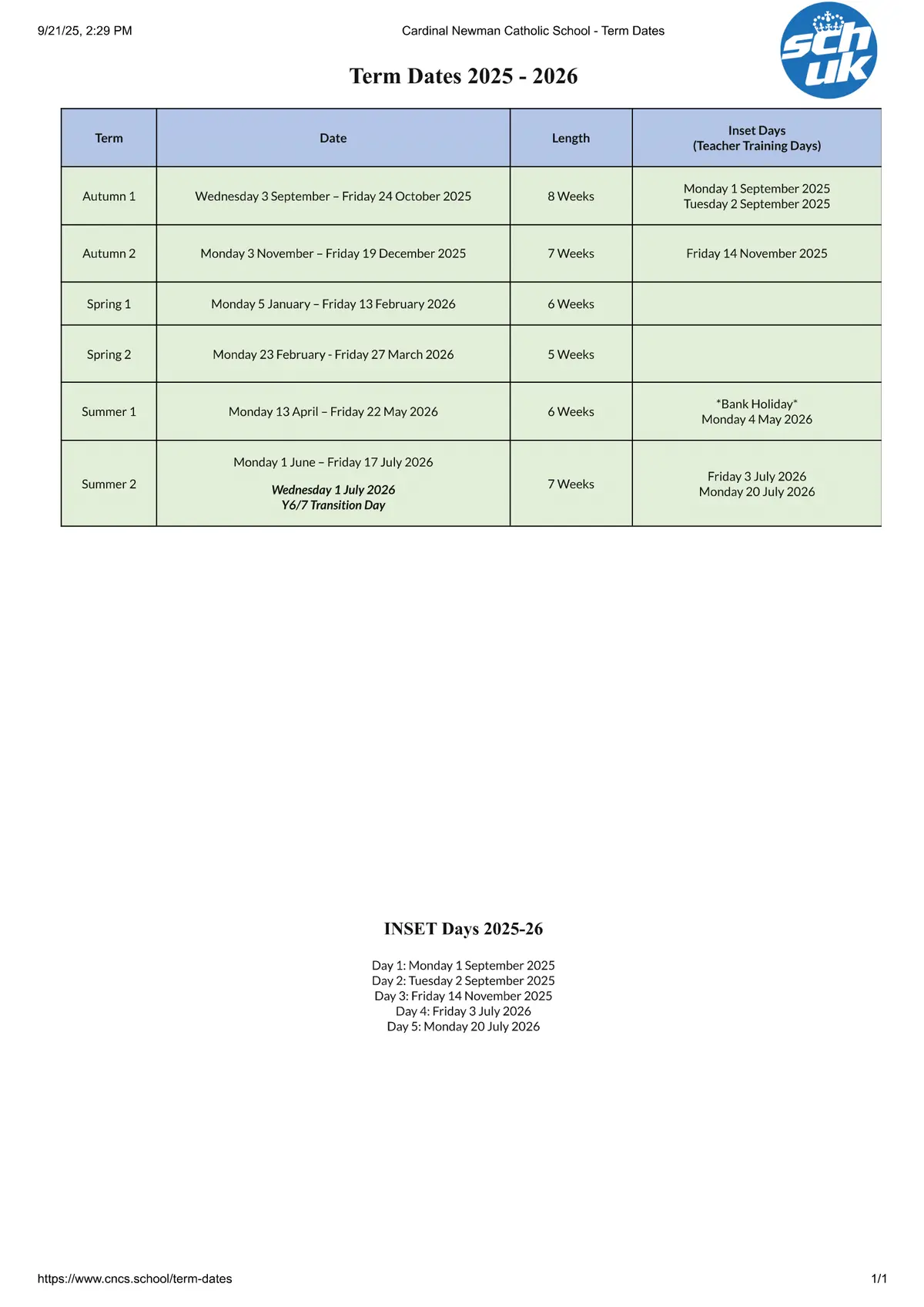 Cardinal Newman Catholic School term dates