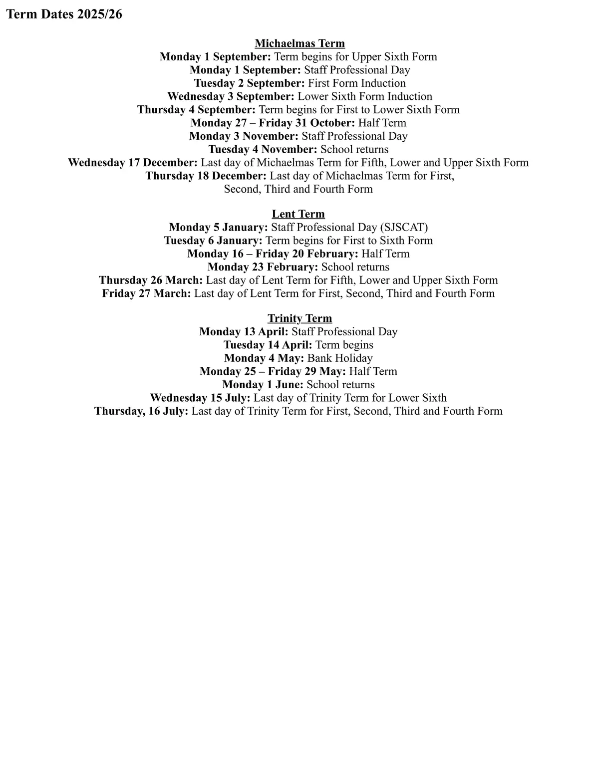 The Cardinal Vaughan Memorial RC School term dates