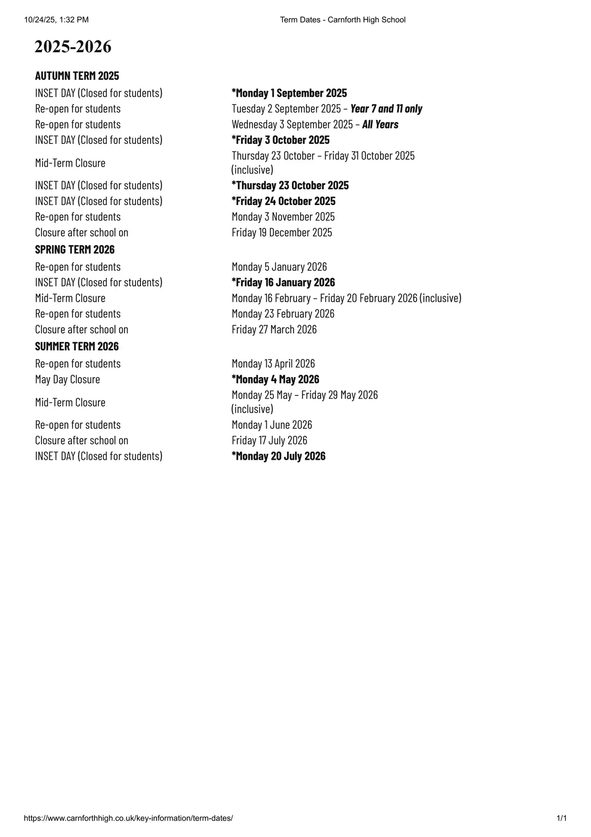 Carnforth High School term dates