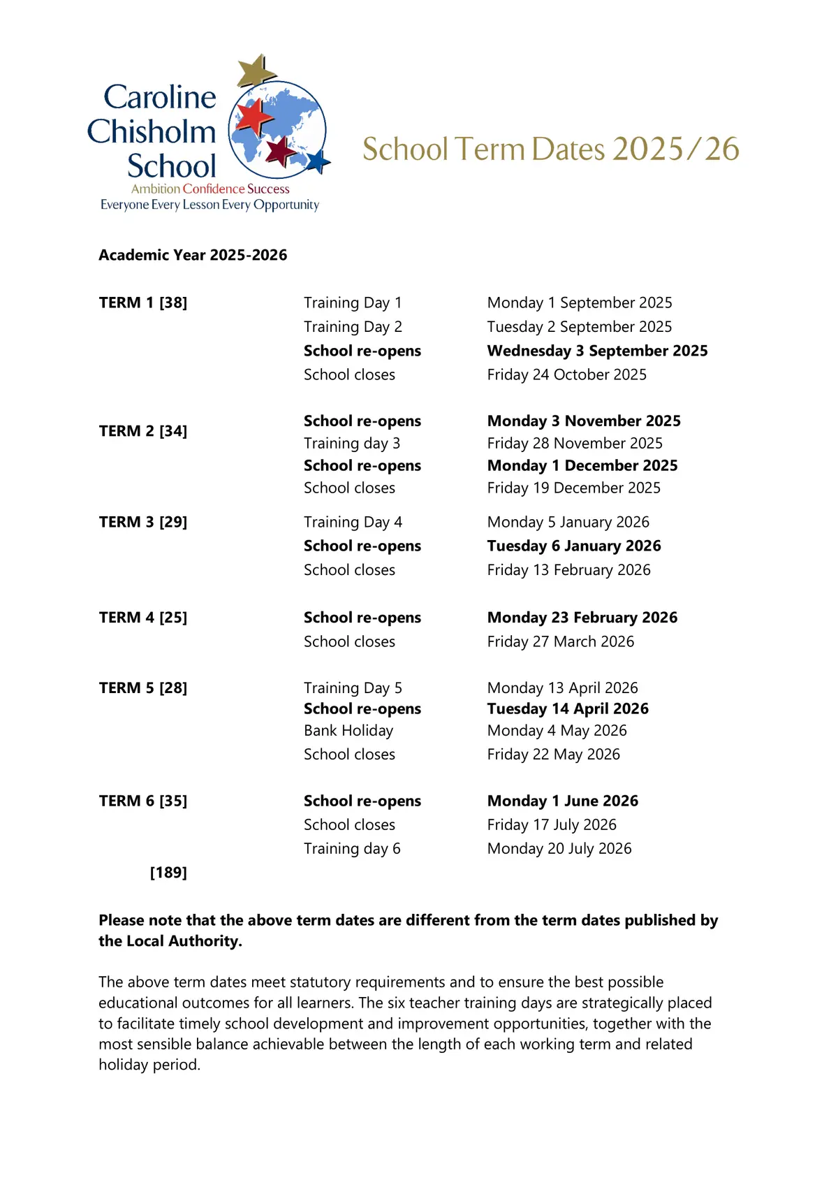 Caroline Chisholm School term dates