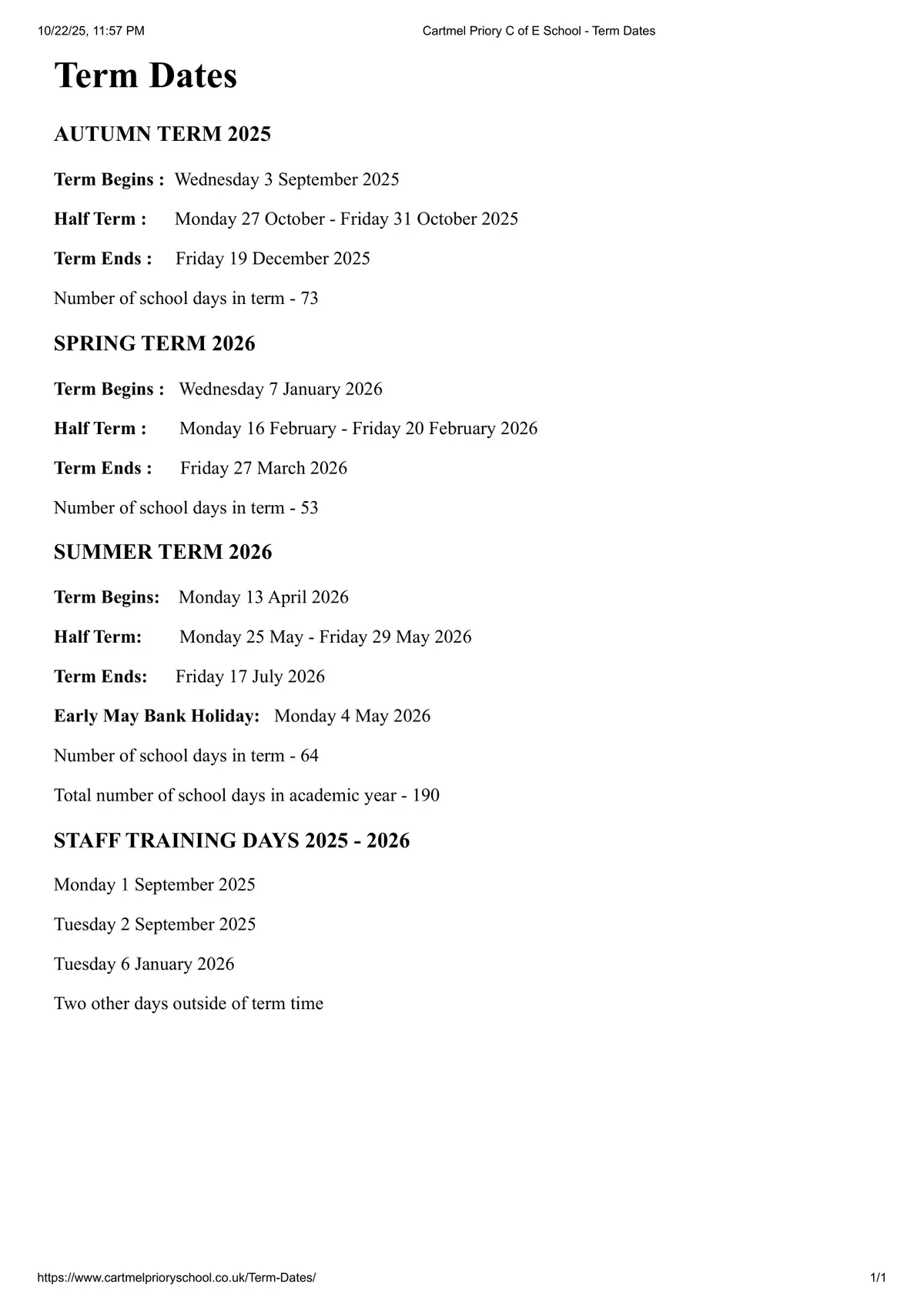 Cartmel Priory CofE School term dates