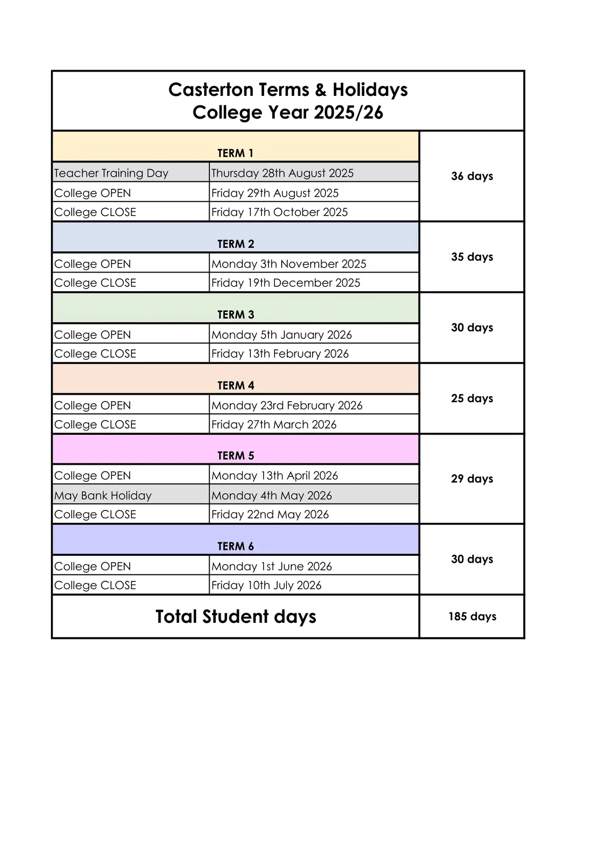 Casterton College Rutland term dates