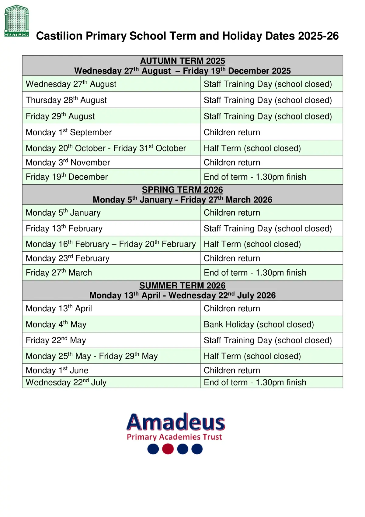 Castilion Primary School term dates