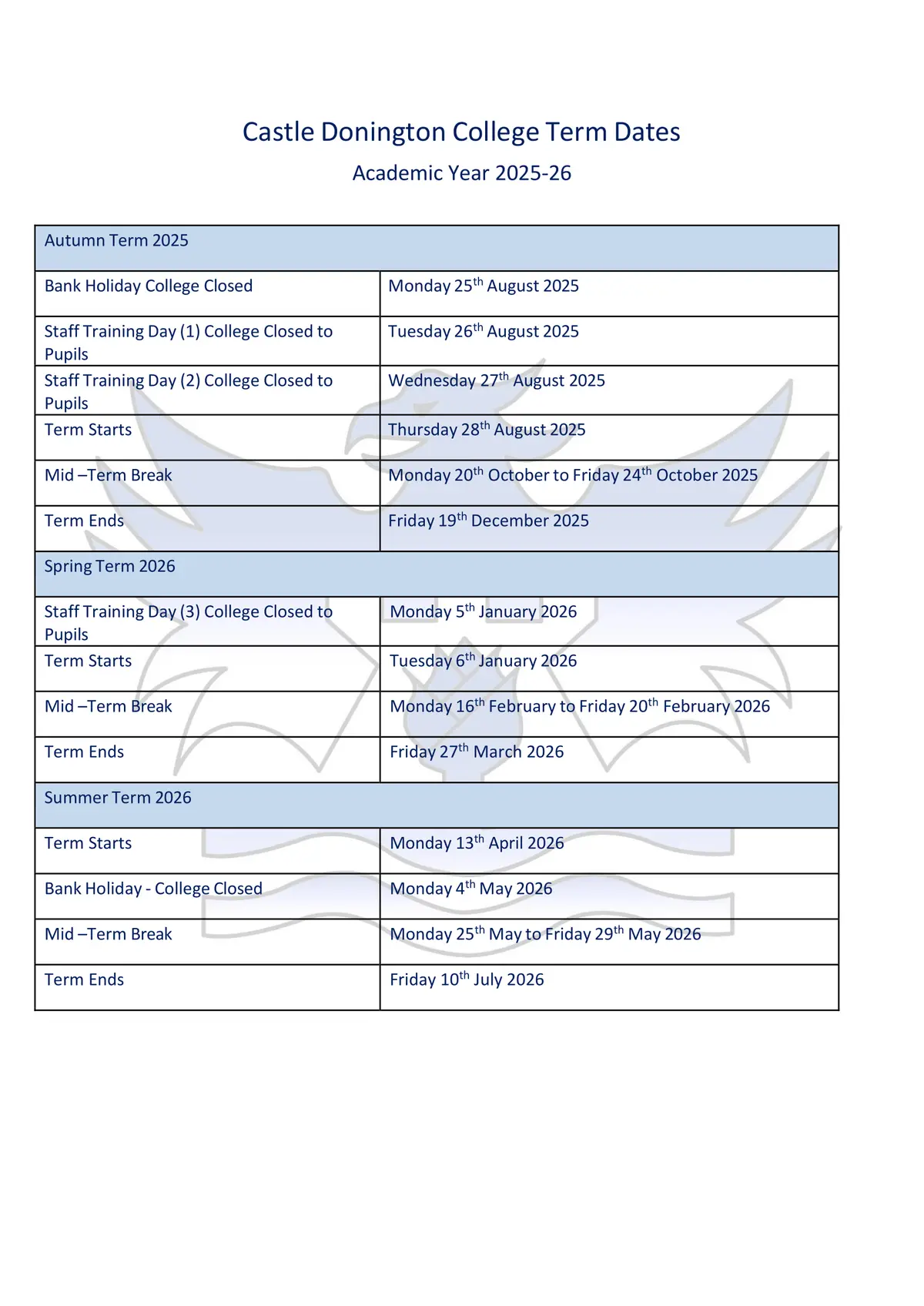 Castle Donington College term dates