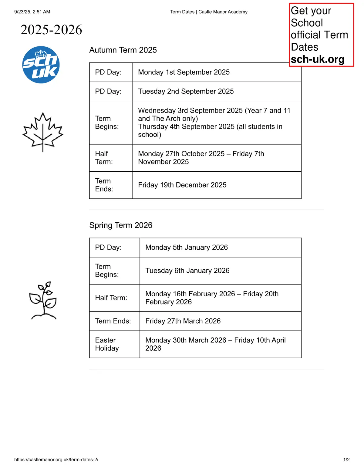 Castle Manor Academy term dates