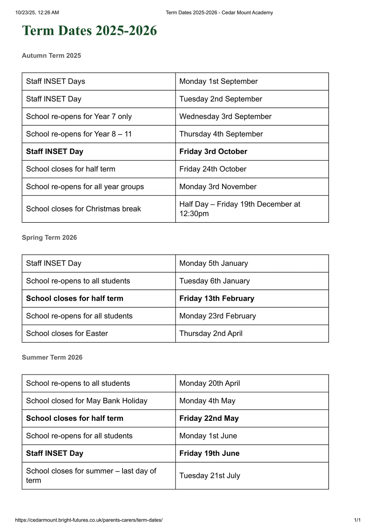Cedar Mount Academy term dates