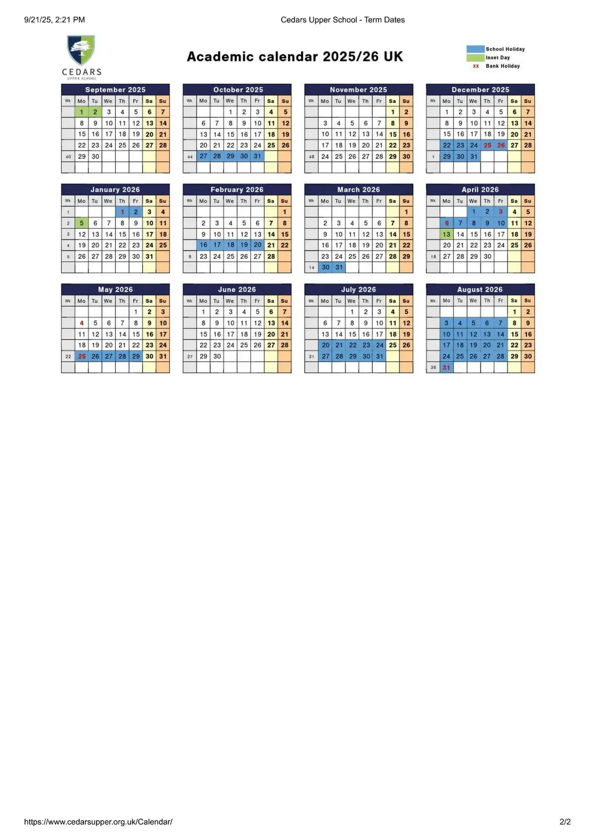 Cedars Upper School term dates