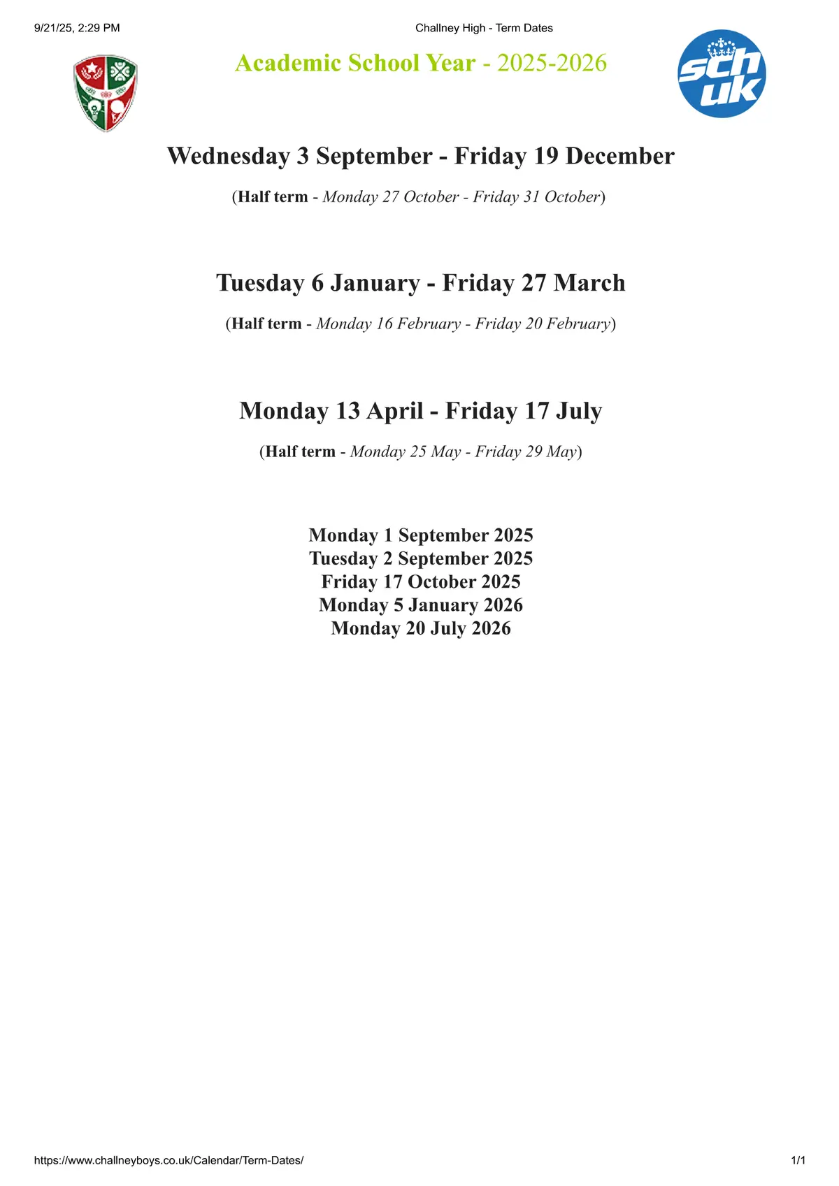 Challney High School for Boys term dates