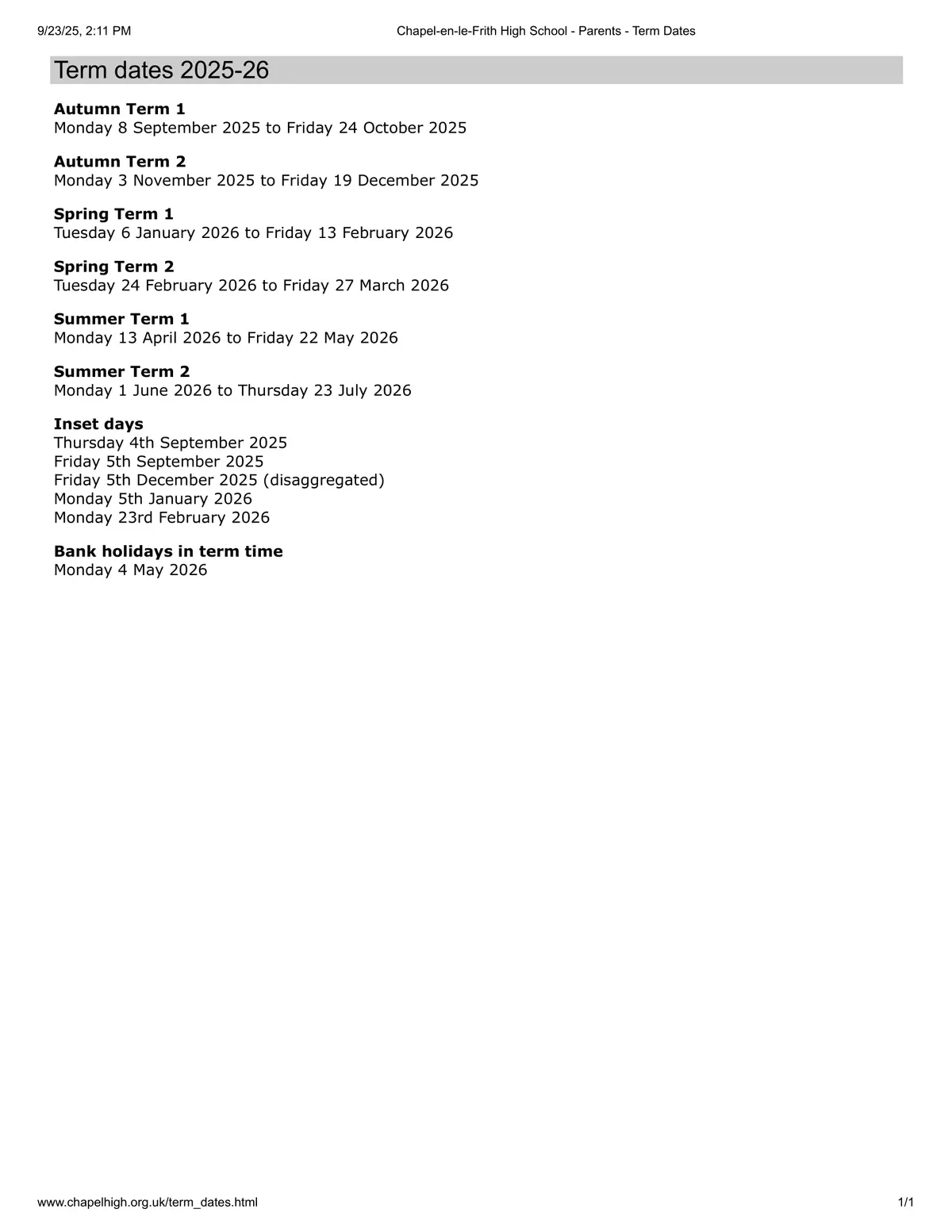 Chapel-en-le-Frith High School term dates