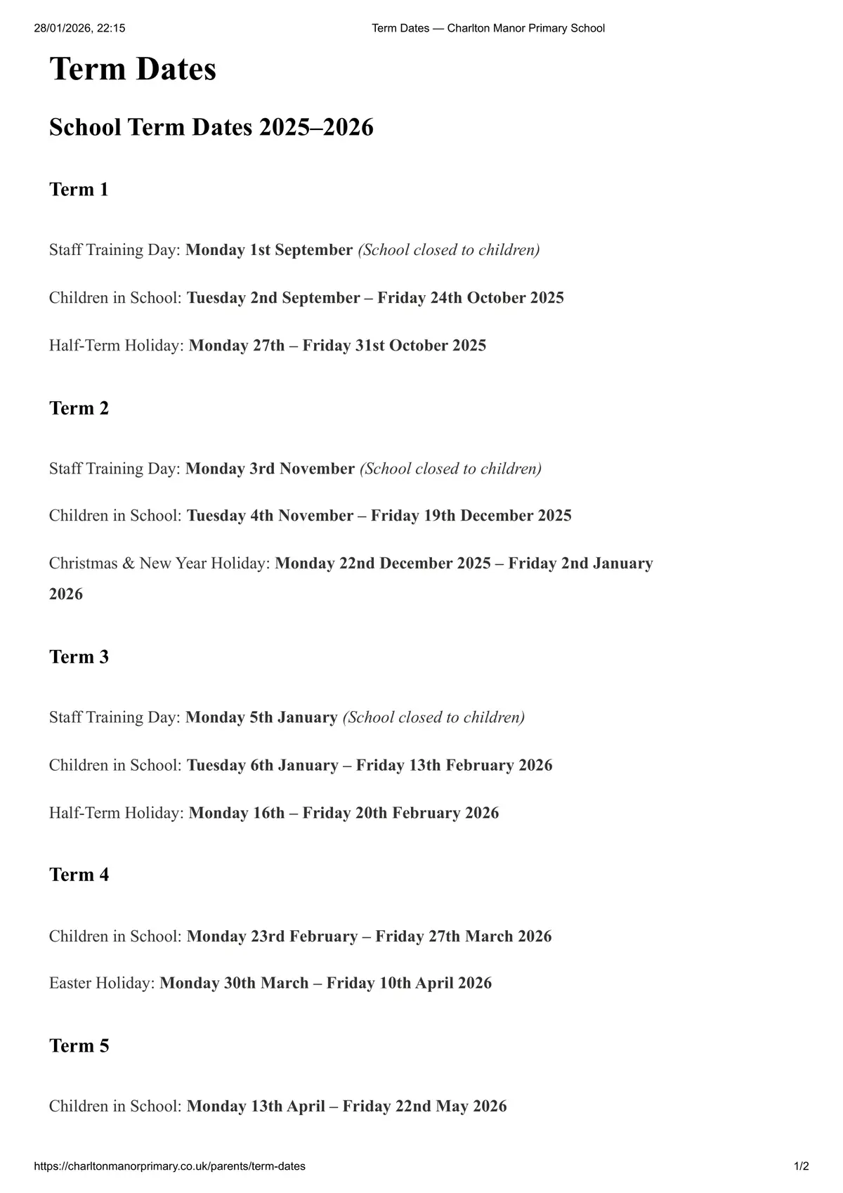 Charlton Manor Primary School term dates