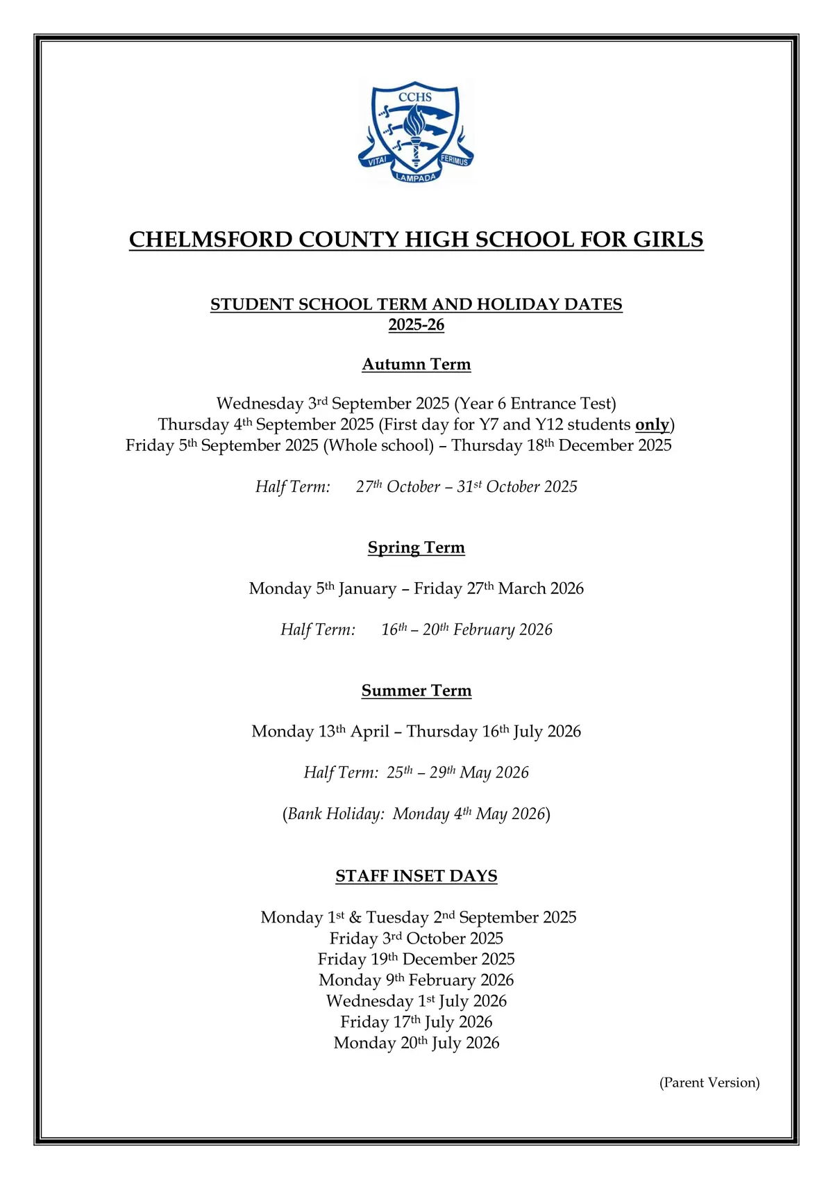 Chelmsford County High School for Girls term dates