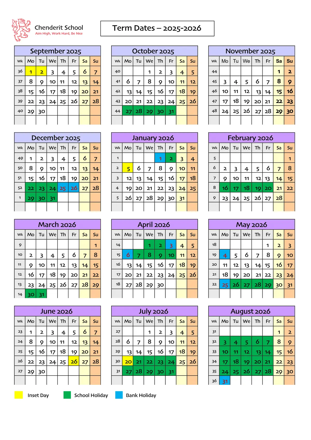 Chenderit School term dates