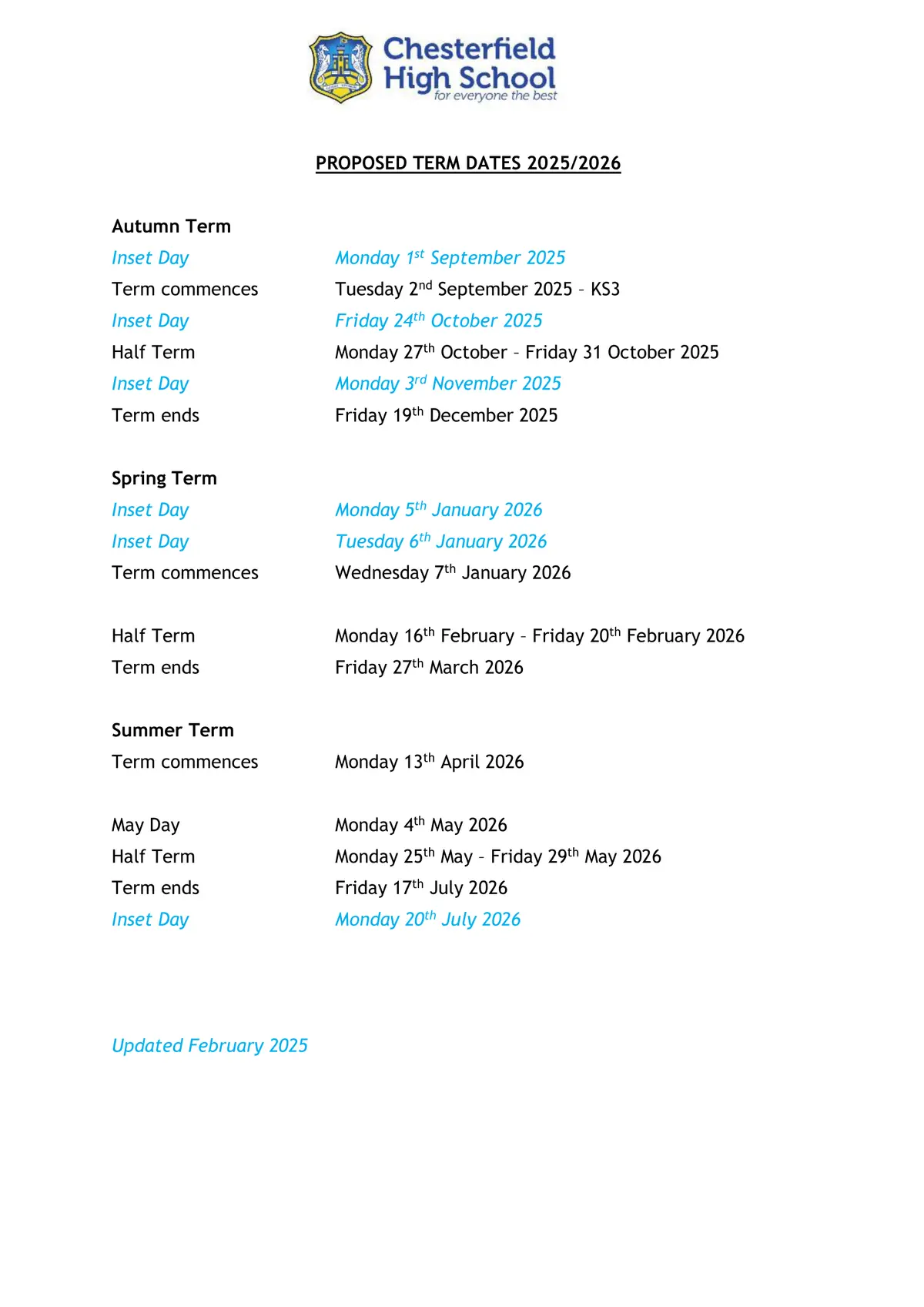 Chesterfield High School term dates