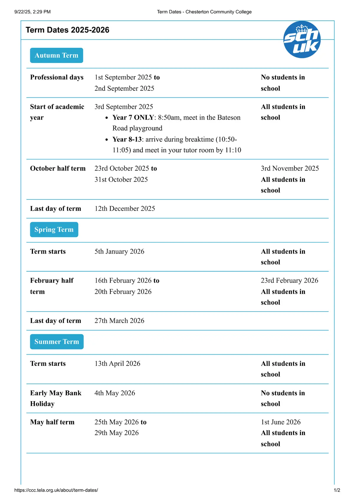 Chesterton Community College term dates