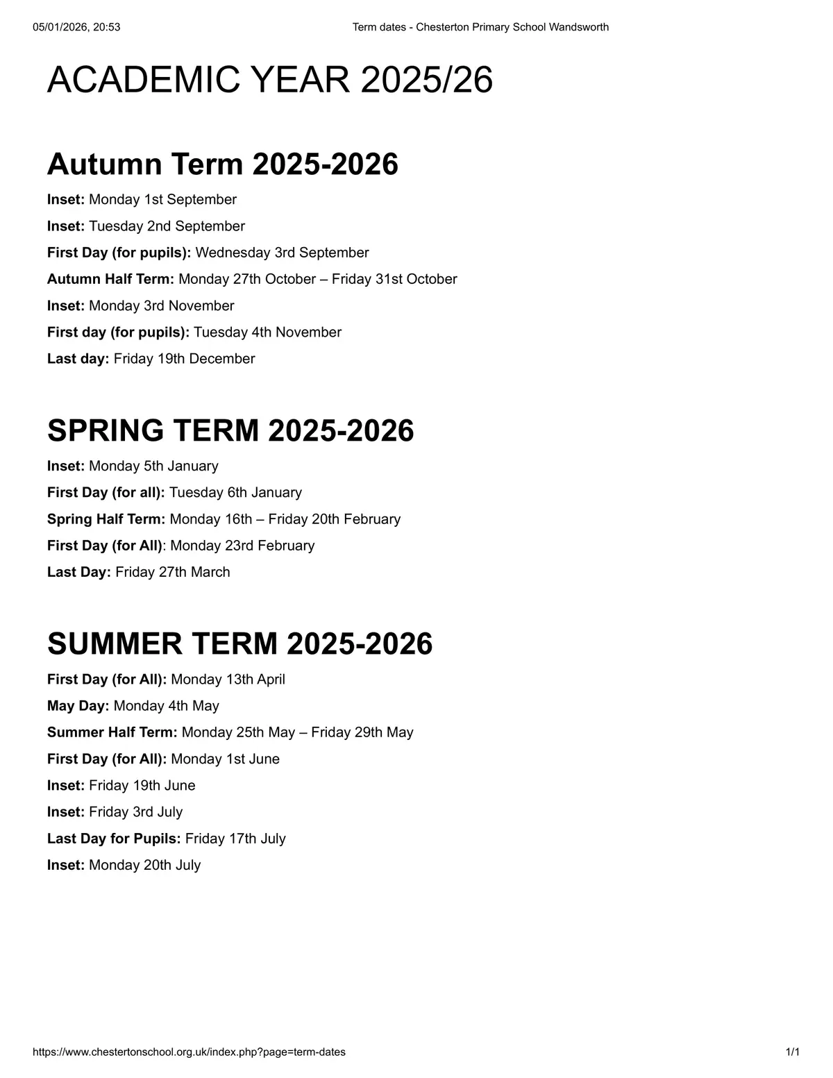 Chesterton Primary School term dates