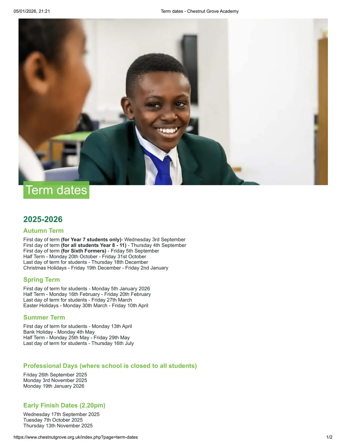 Chestnut Grove Academy term dates