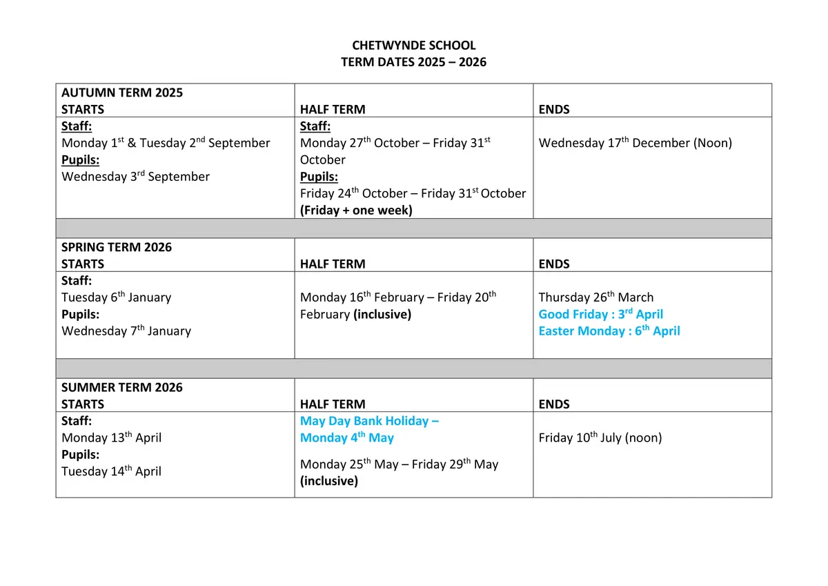Chetwynde School term dates