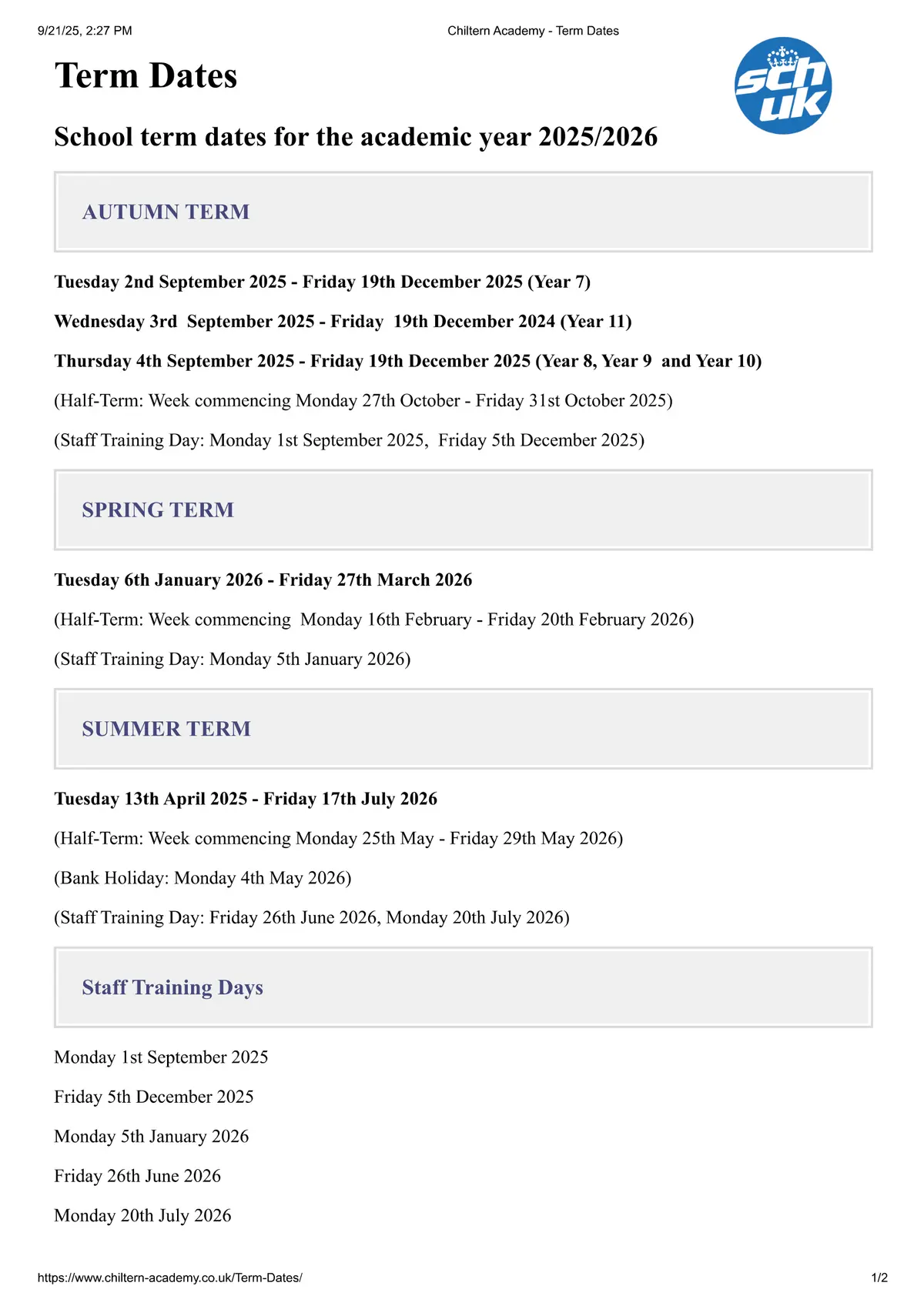 Chiltern Academy term dates