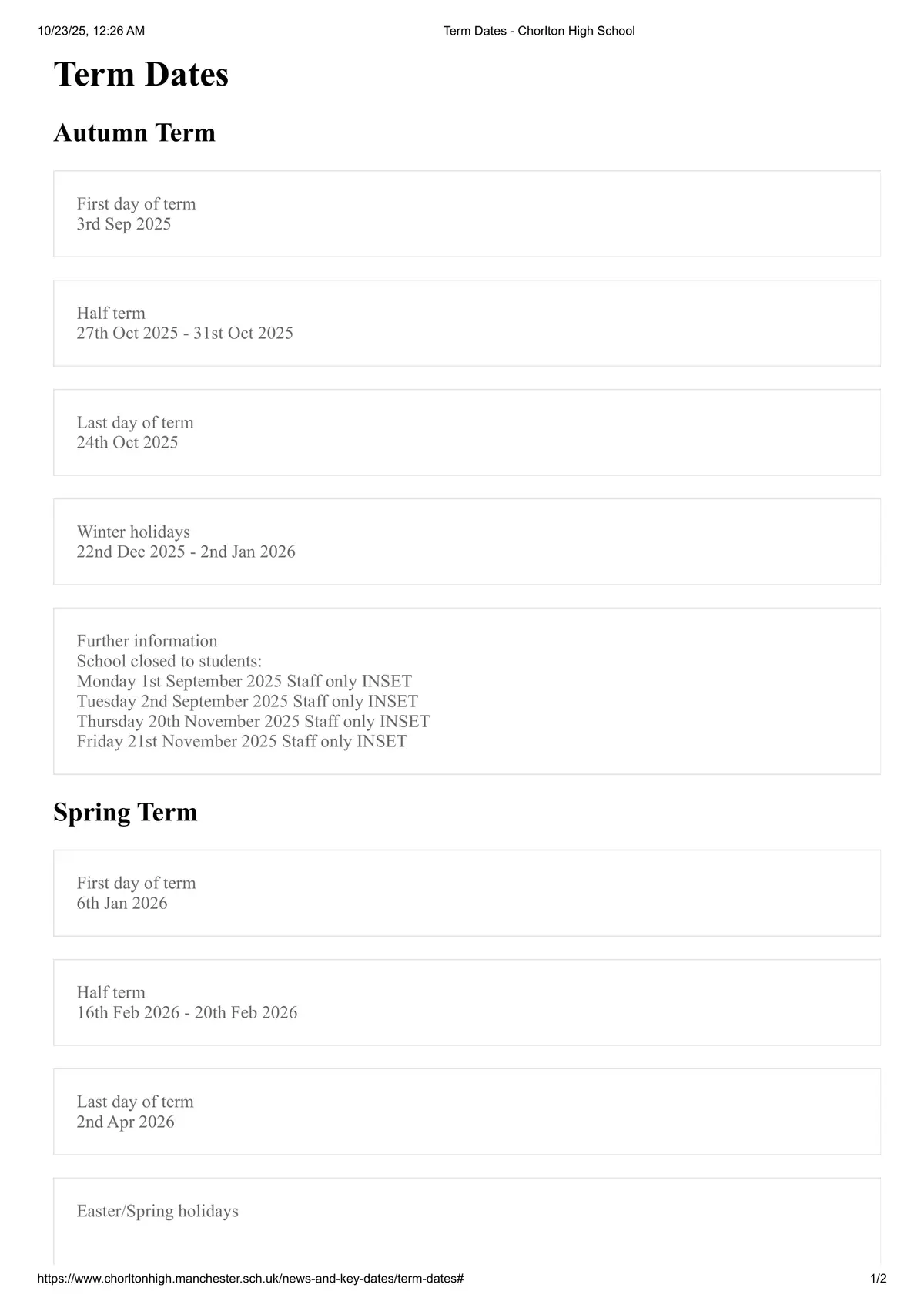 Chorlton High School term dates