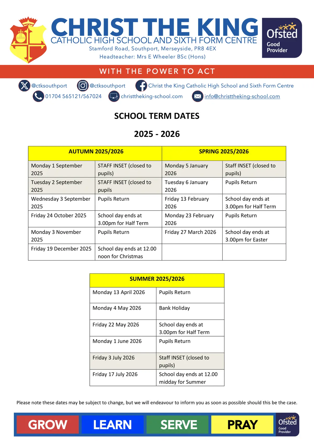Christ The King Catholic High School and Sixth Form Centre term dates