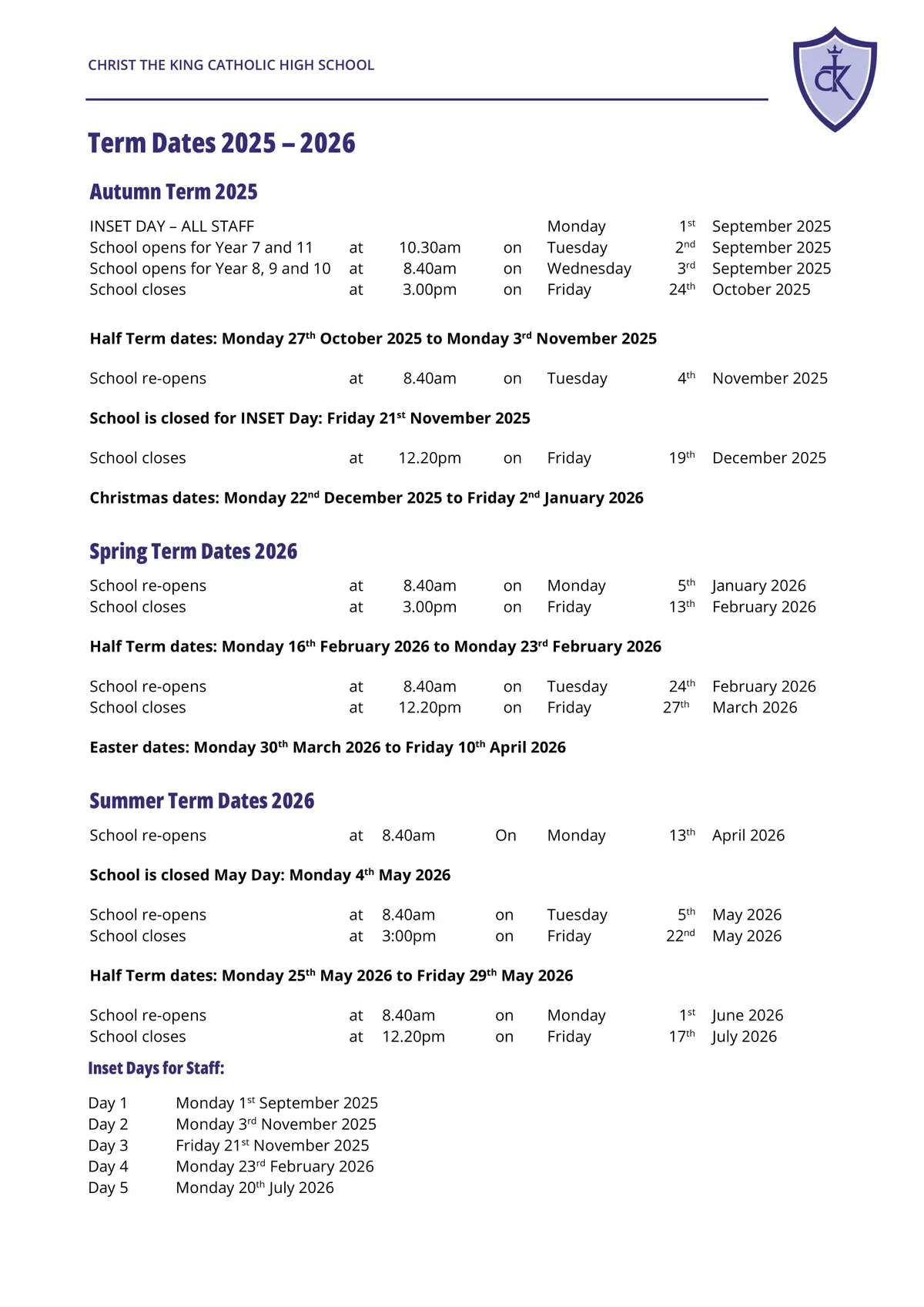 Christ The King Catholic High School term dates