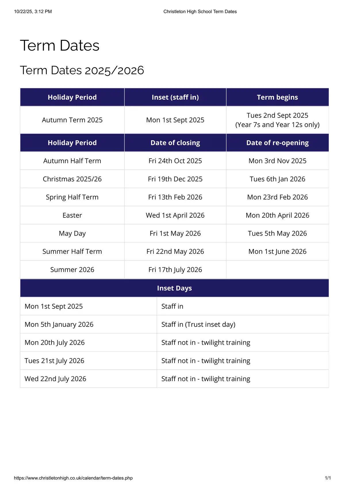 Christleton High School term dates