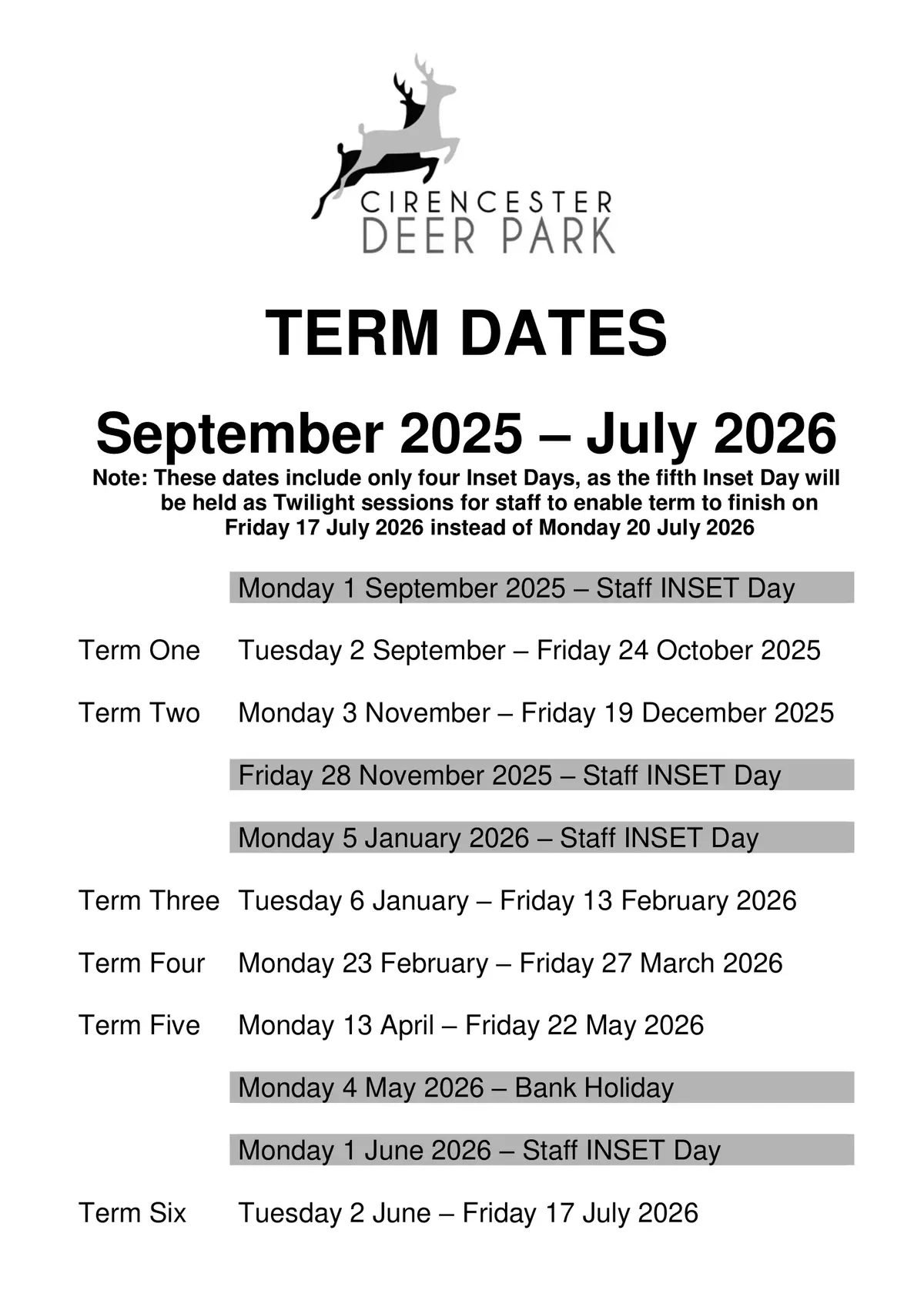 Cirencester Deer Park School term dates