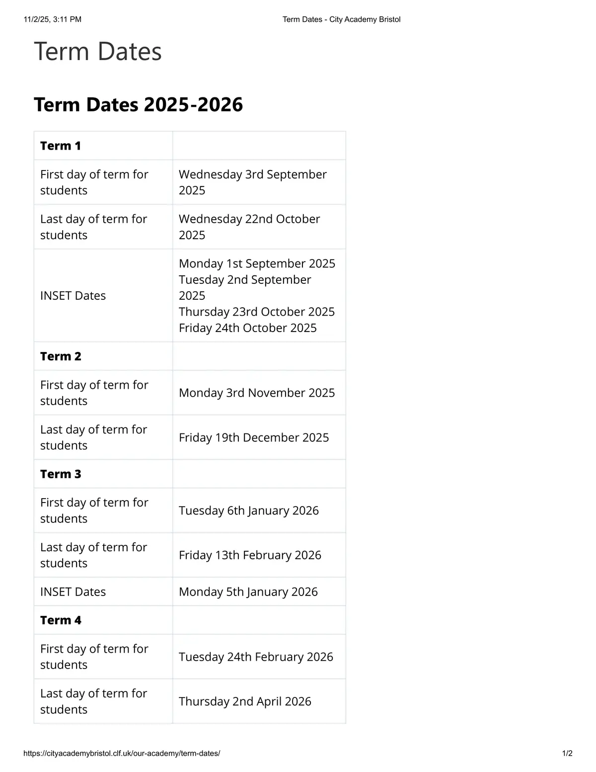 The City Academy Bristol term dates