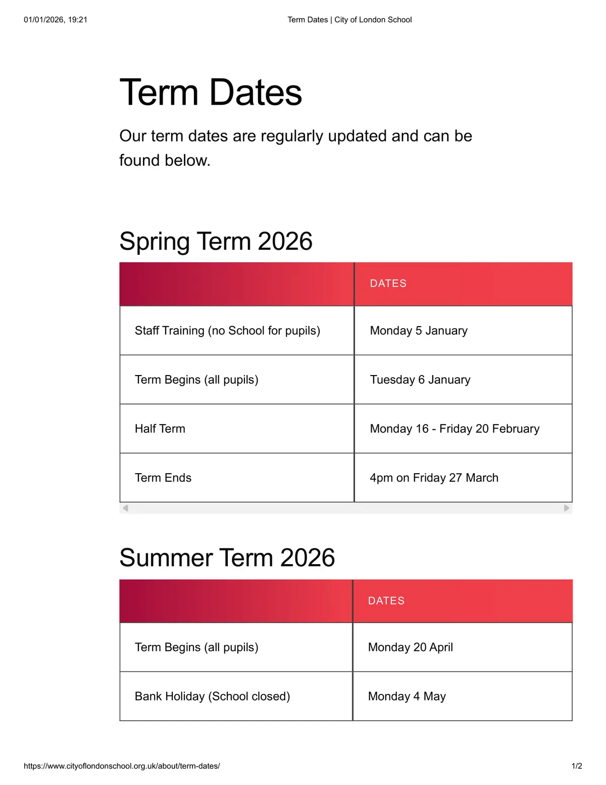 City of London School term dates