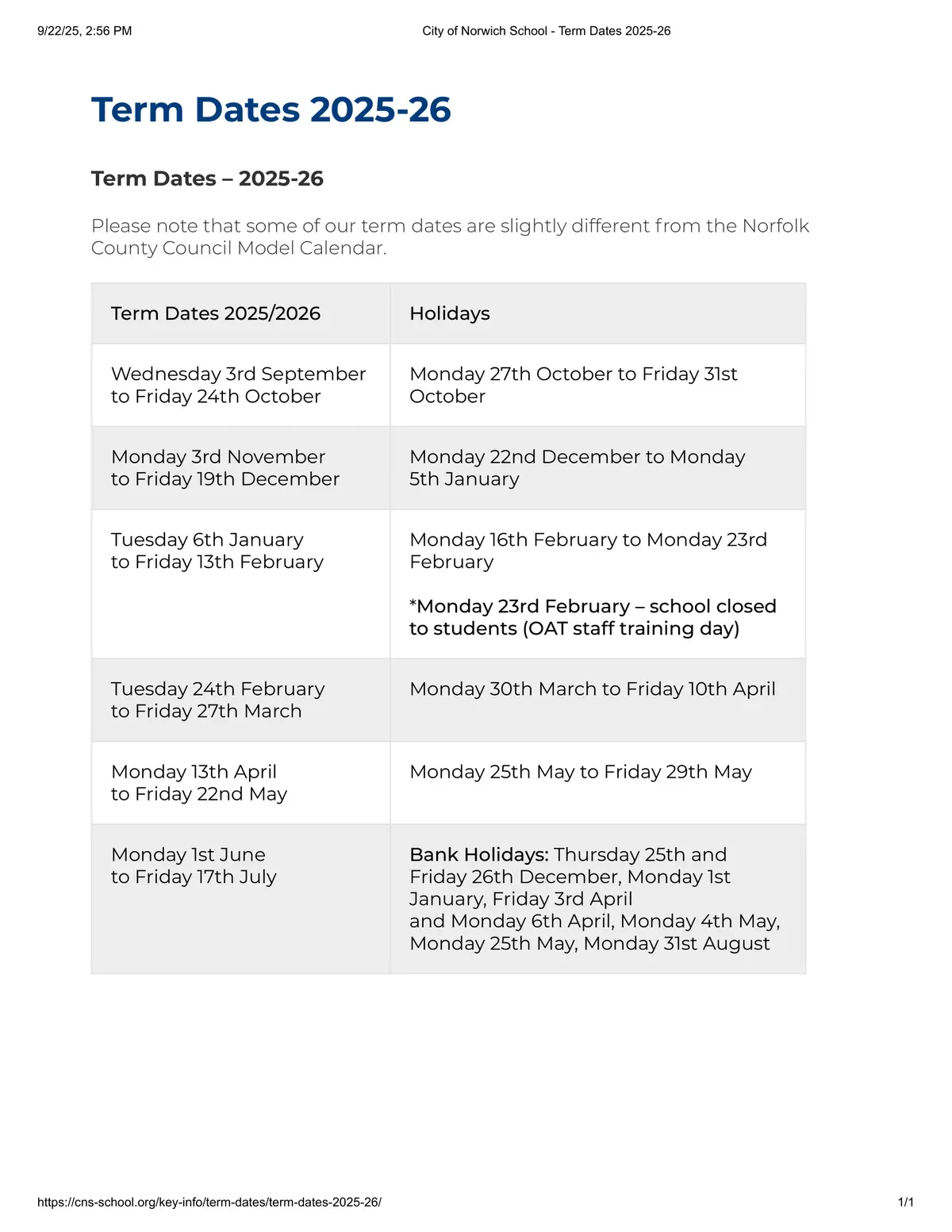 City Academy Norwich term dates