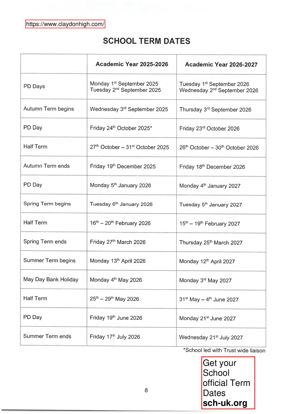 Claydon High School term dates