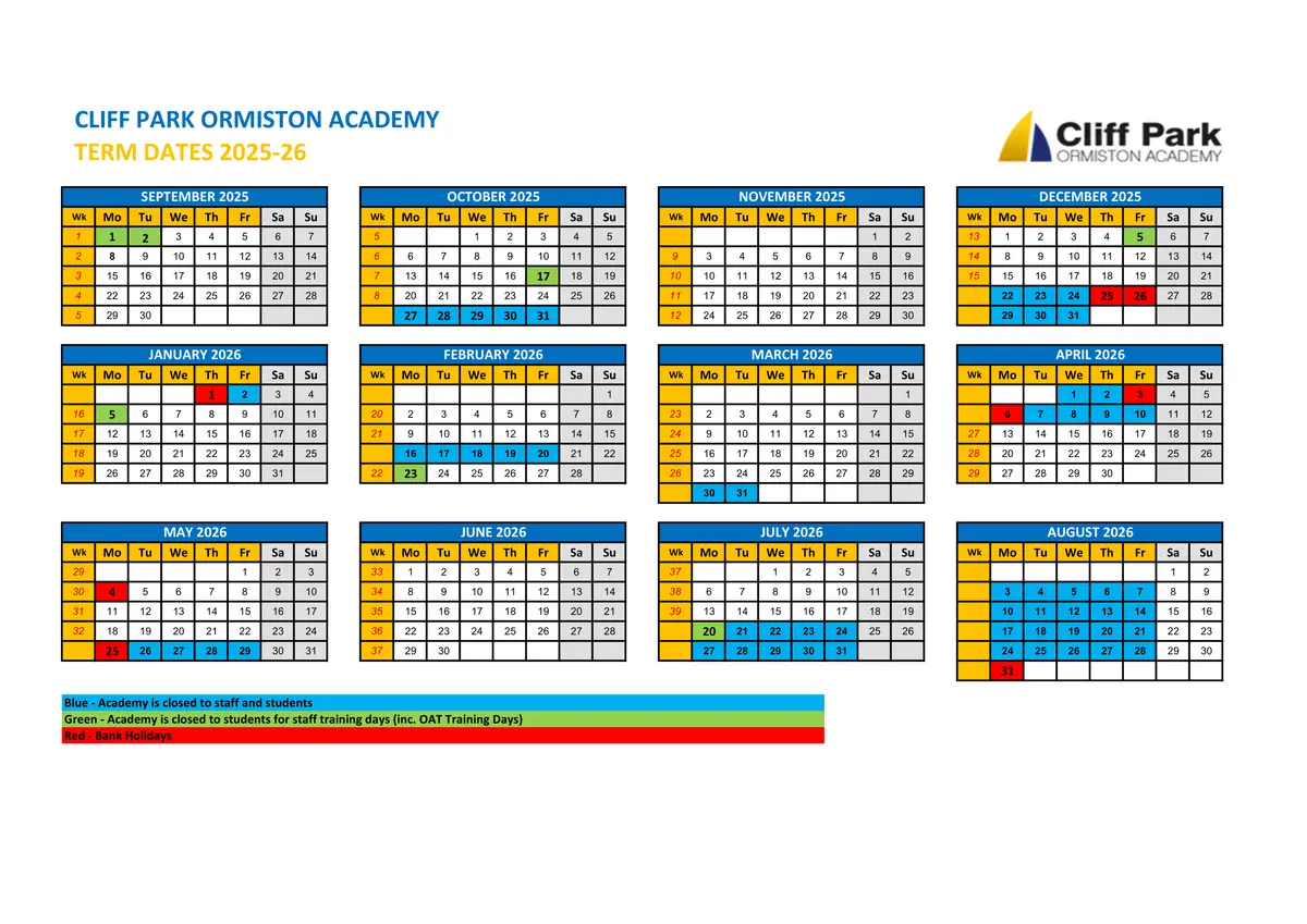 Cliff Park Ormiston Academy term dates