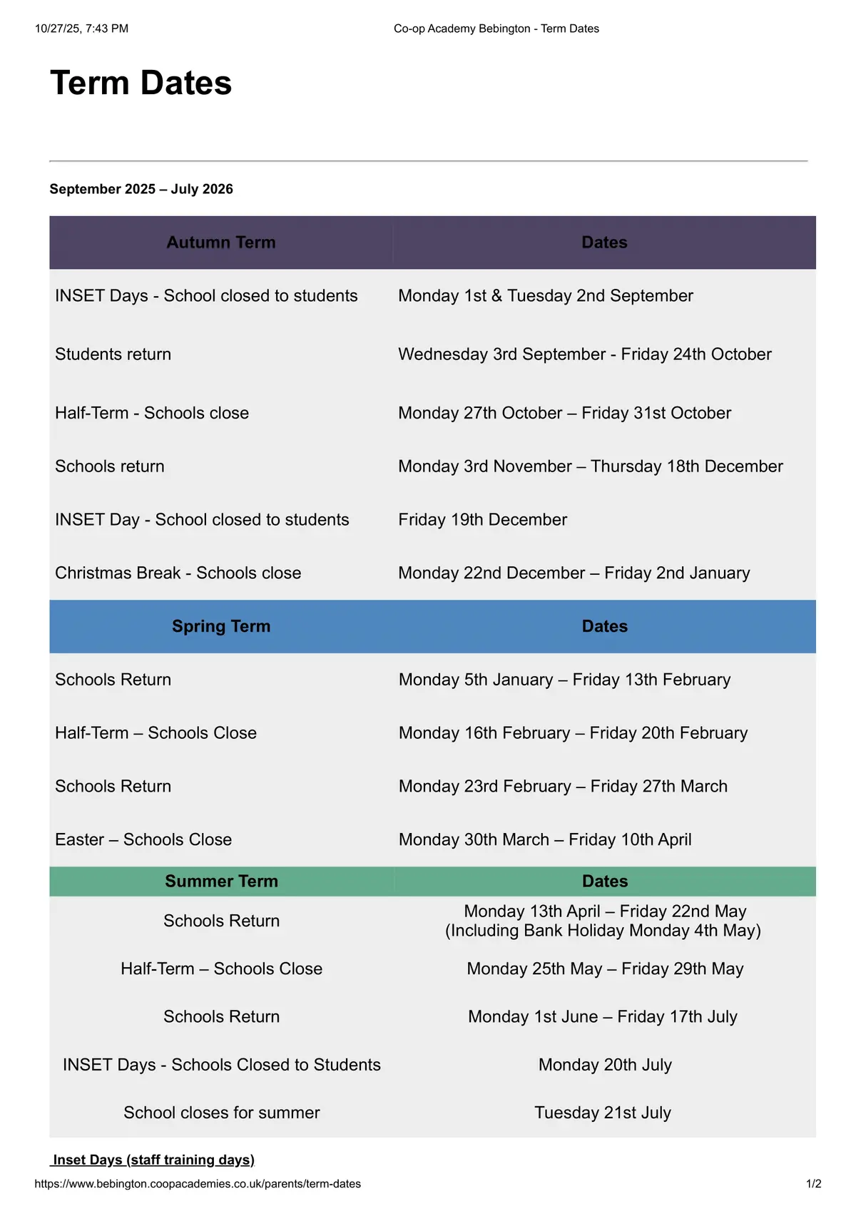 Co-op Academy Bebington term dates