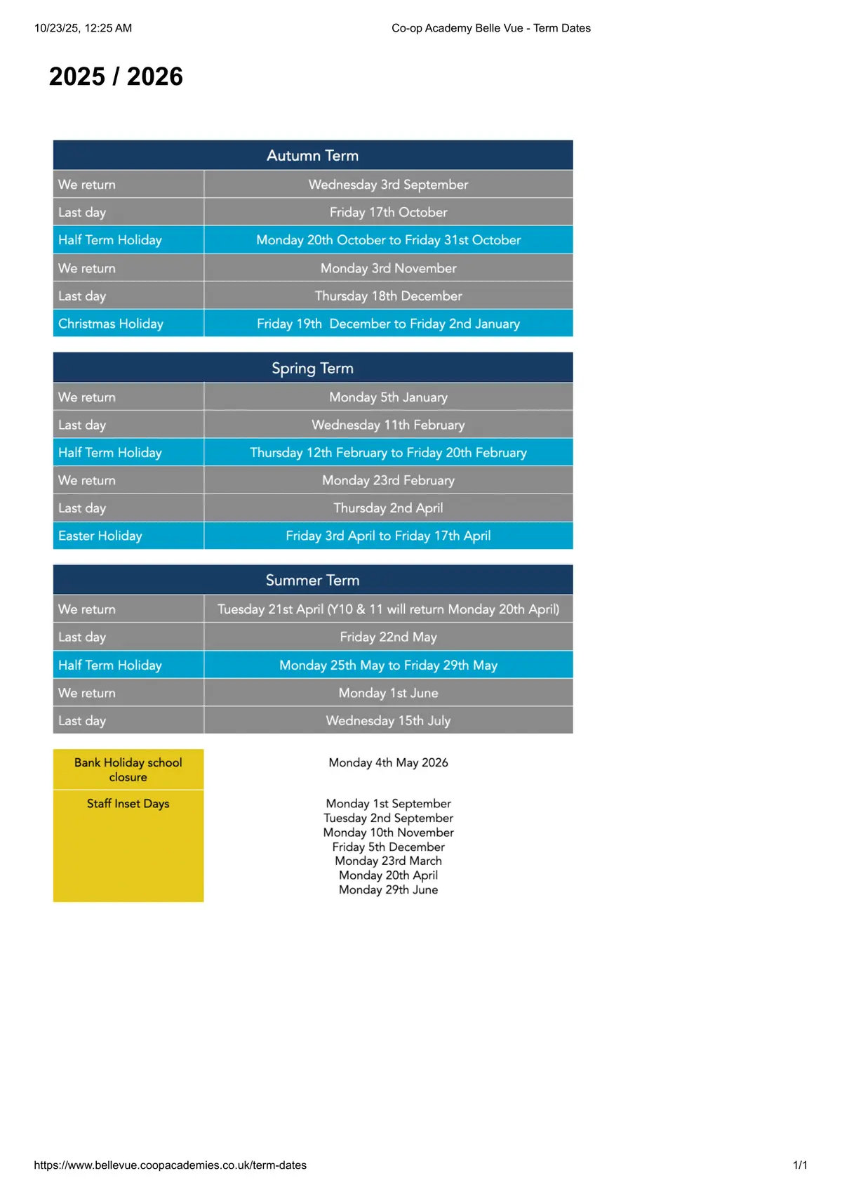 Co-op Academy Belle Vue term dates