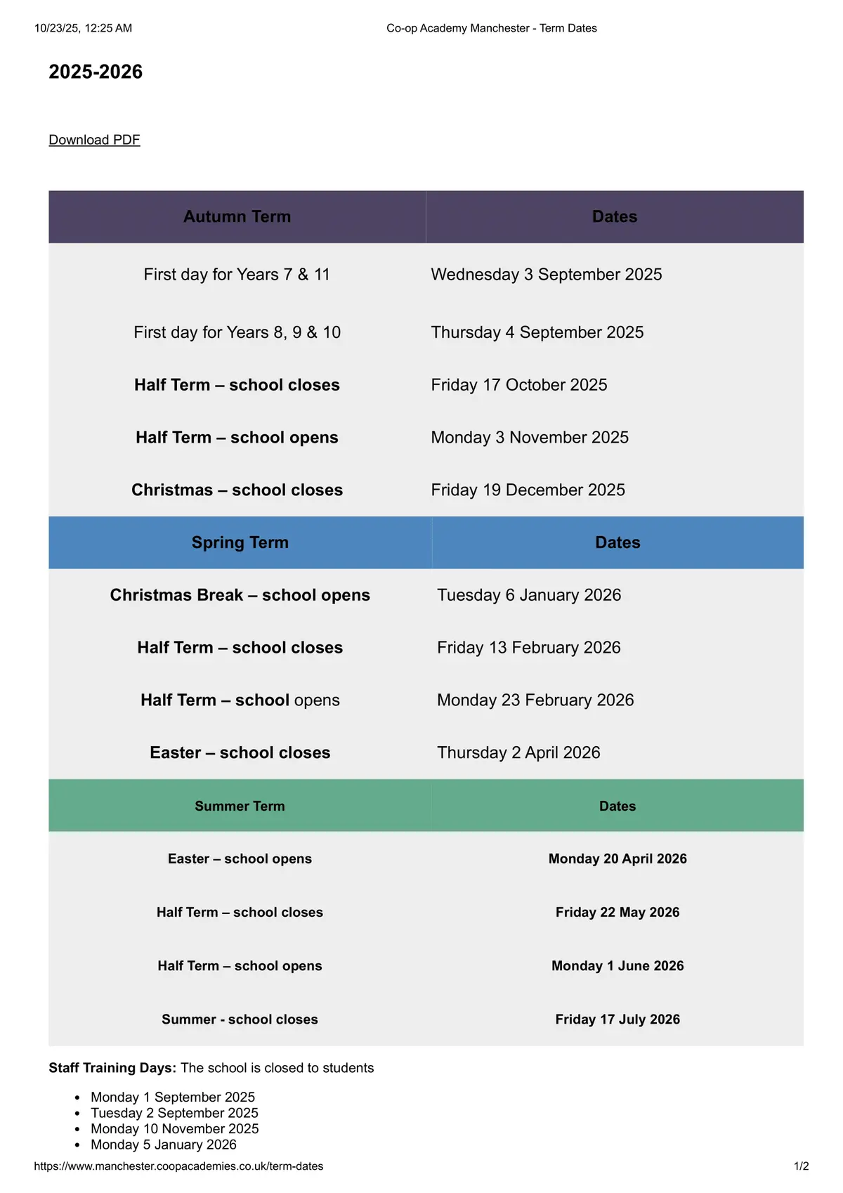 Co-op Academy Manchester term dates