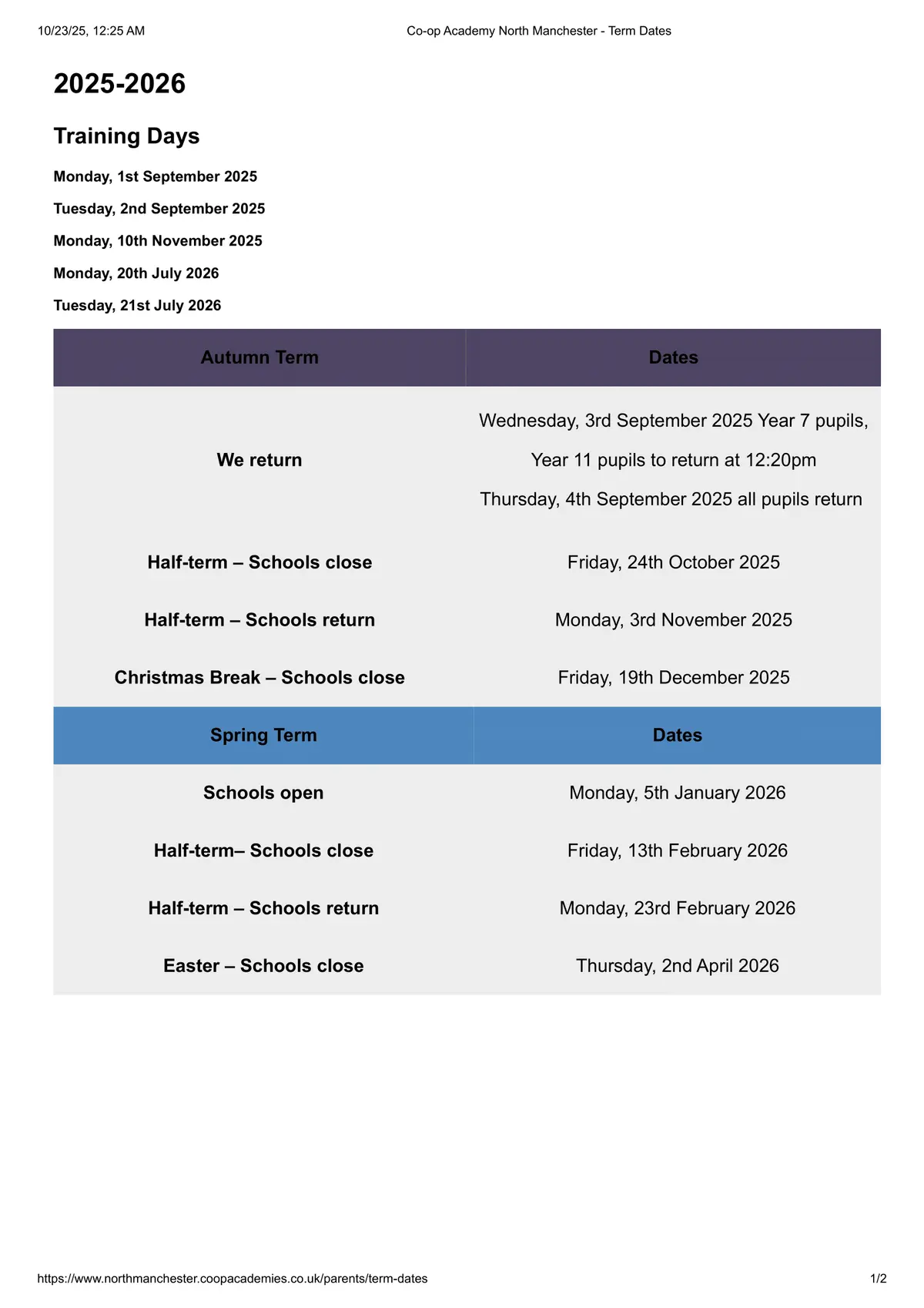 Co-op Academy North Manchester term dates