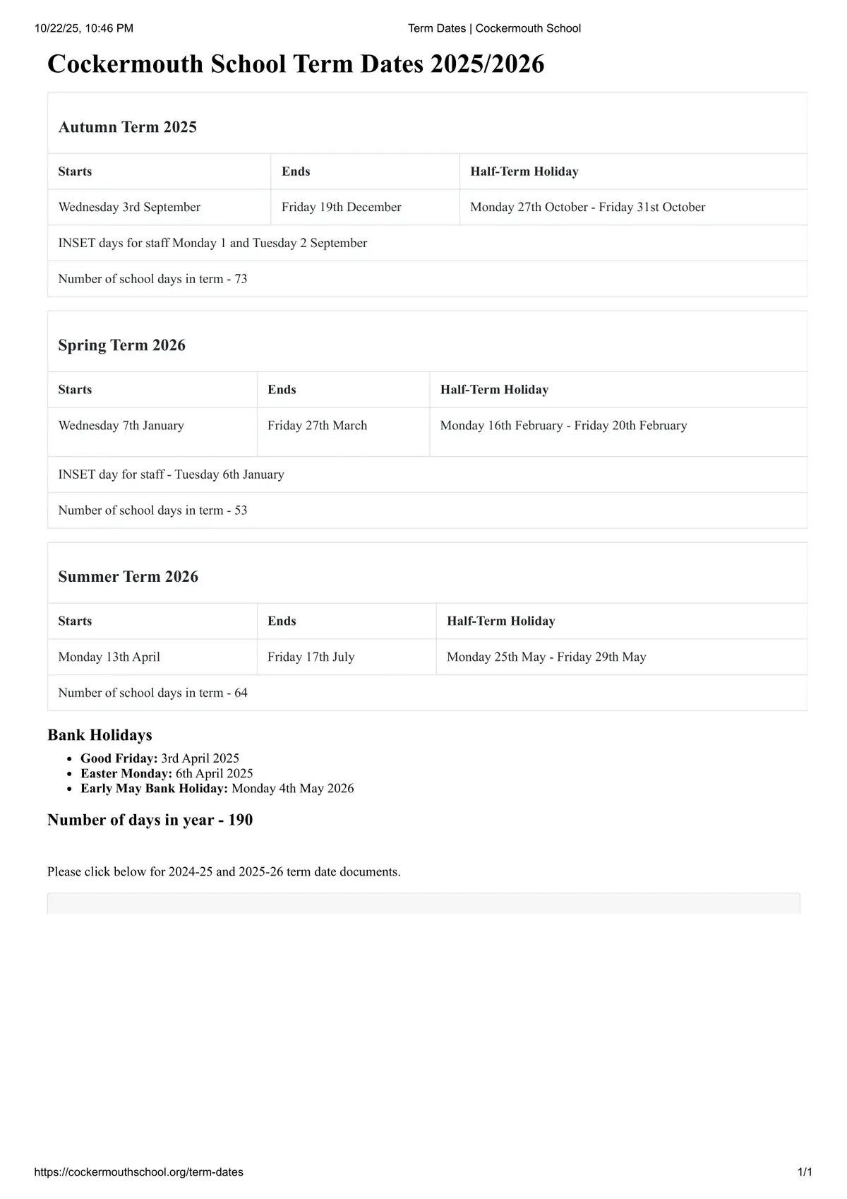 Cockermouth School term dates