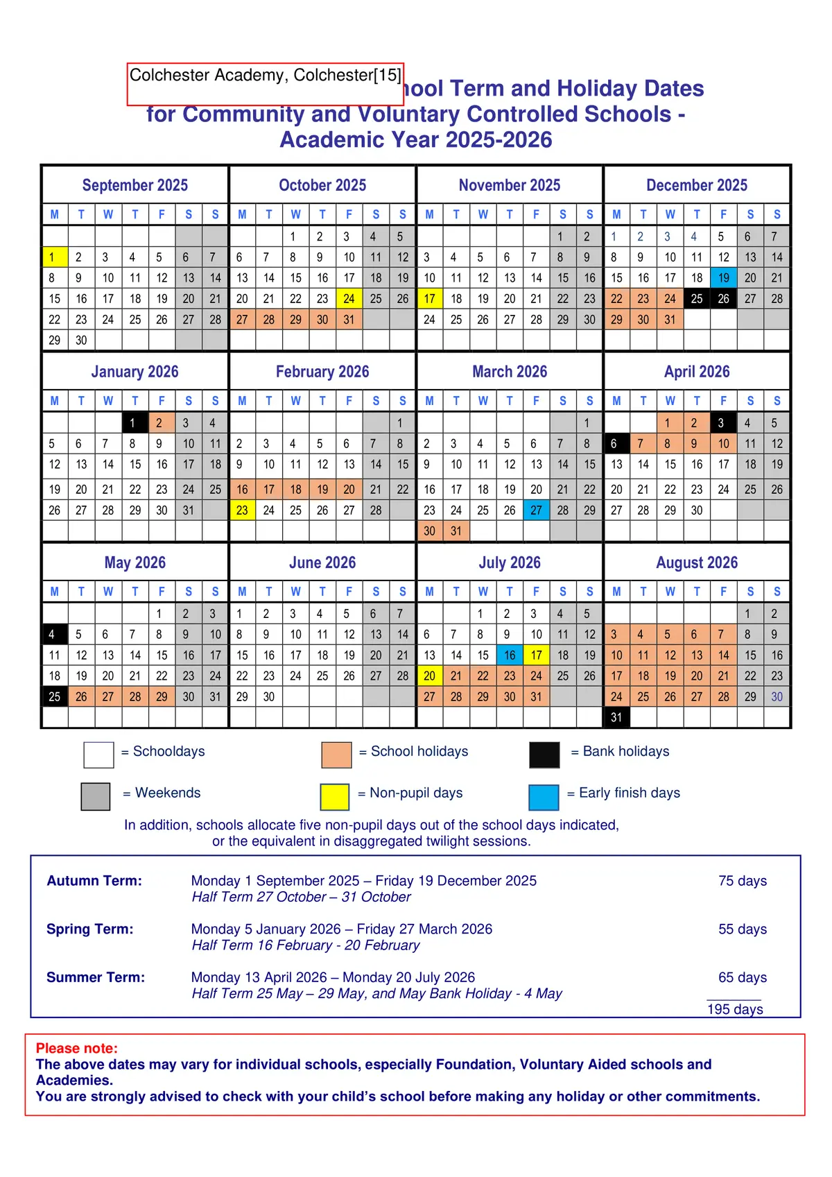 Colchester Academy term dates
